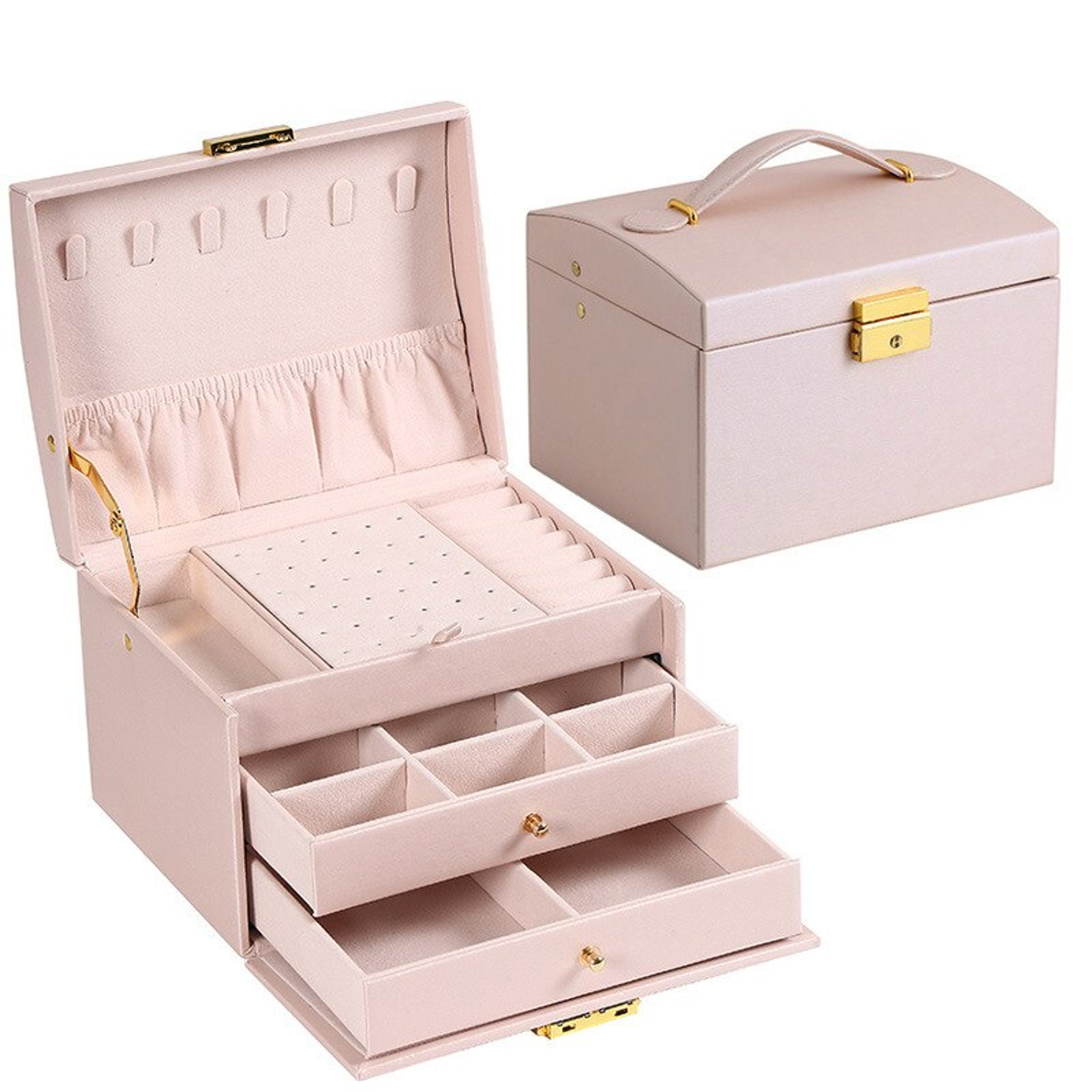 Three Layer Leather Drawer Jewelry Box Multi Functional Earrings Lock Organizer For Jewelry 0