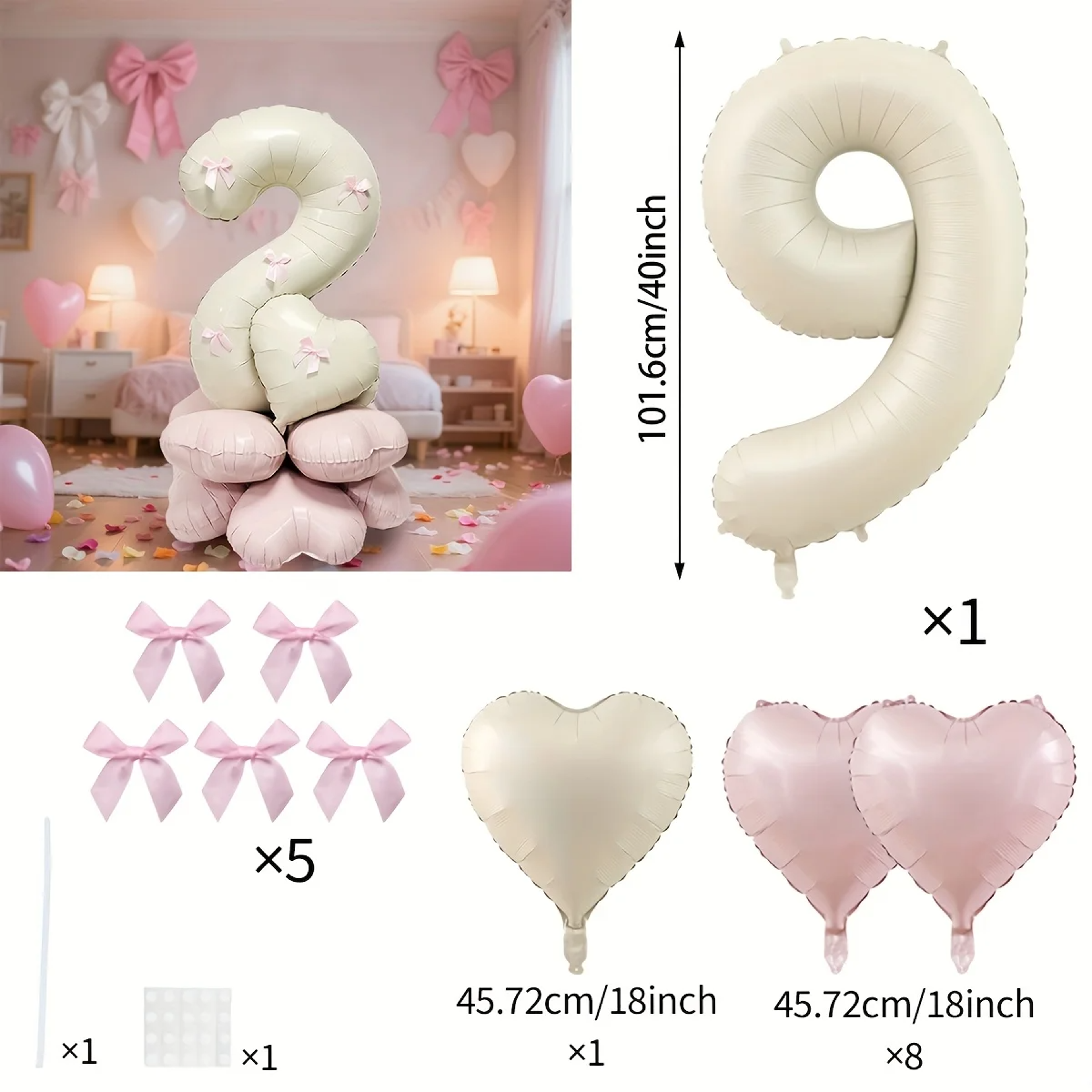 Cream White Balloon Set With Light Pink Heart Foil Bow For Birthday Wedding Valentines Day Annivers 13