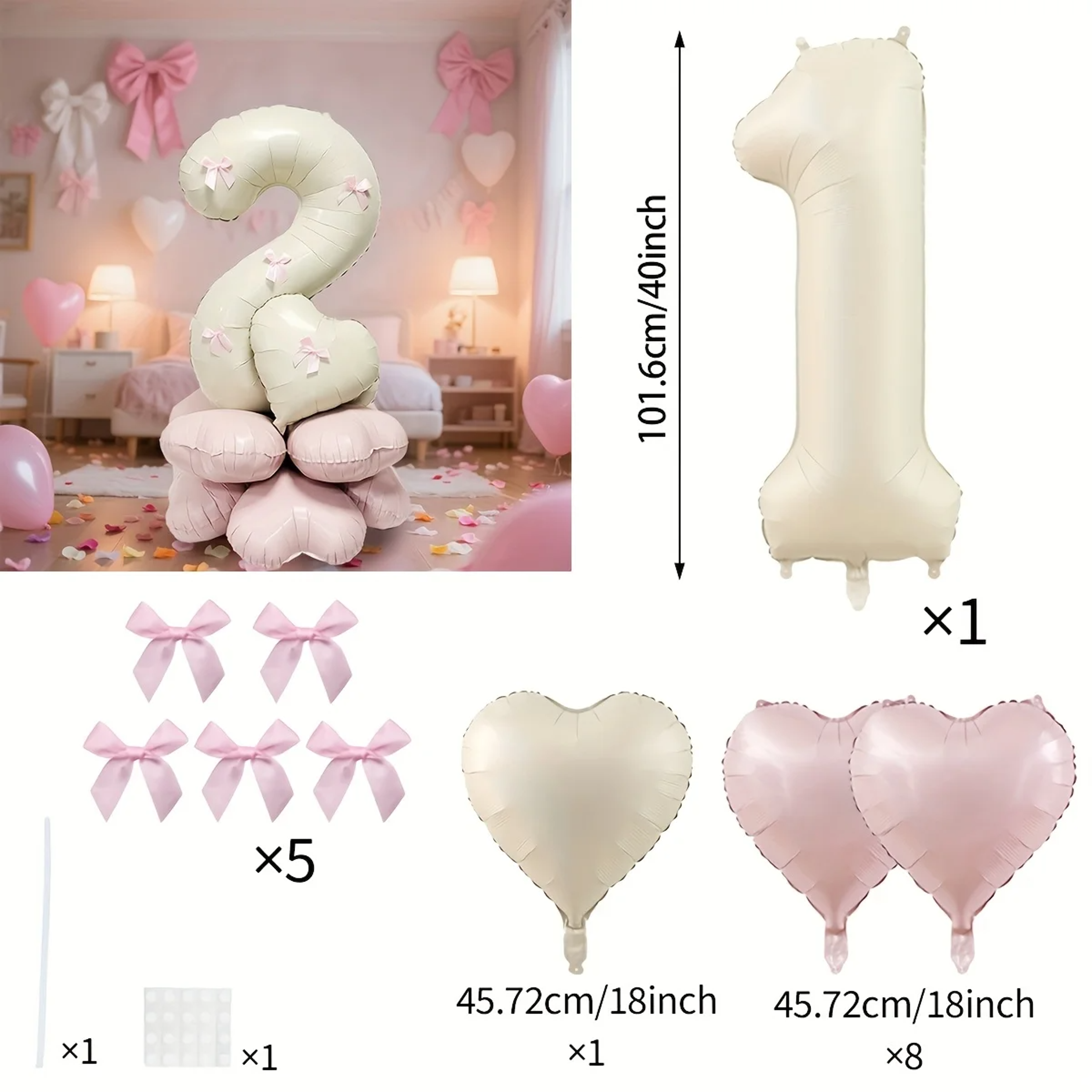 Cream White Balloon Set With Light Pink Heart Foil Bow For Birthday Wedding Valentines Day Annivers 5