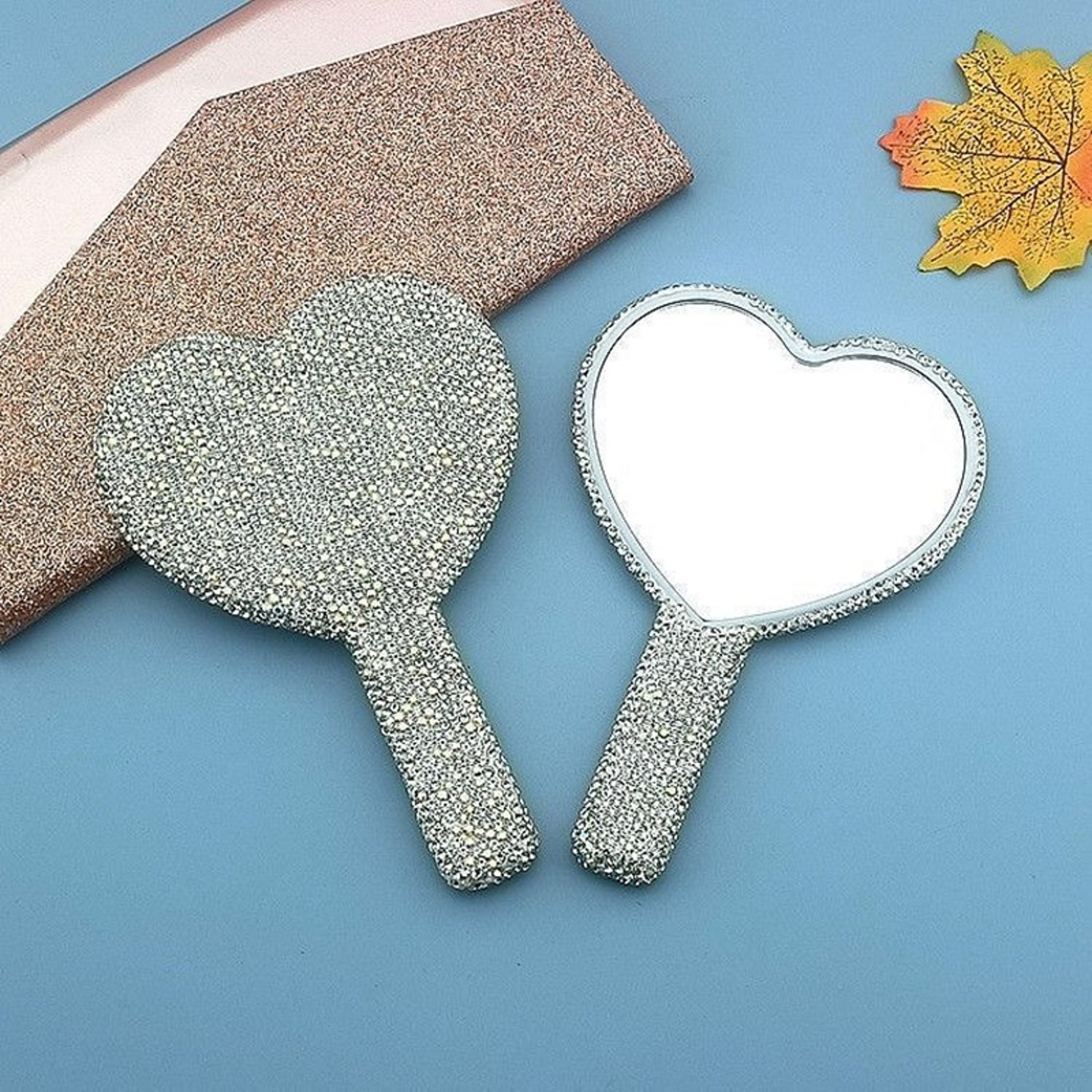 Love Heart Diamond Handheld Vanity Mirror Female Handle For Cosmetic Beauty 2