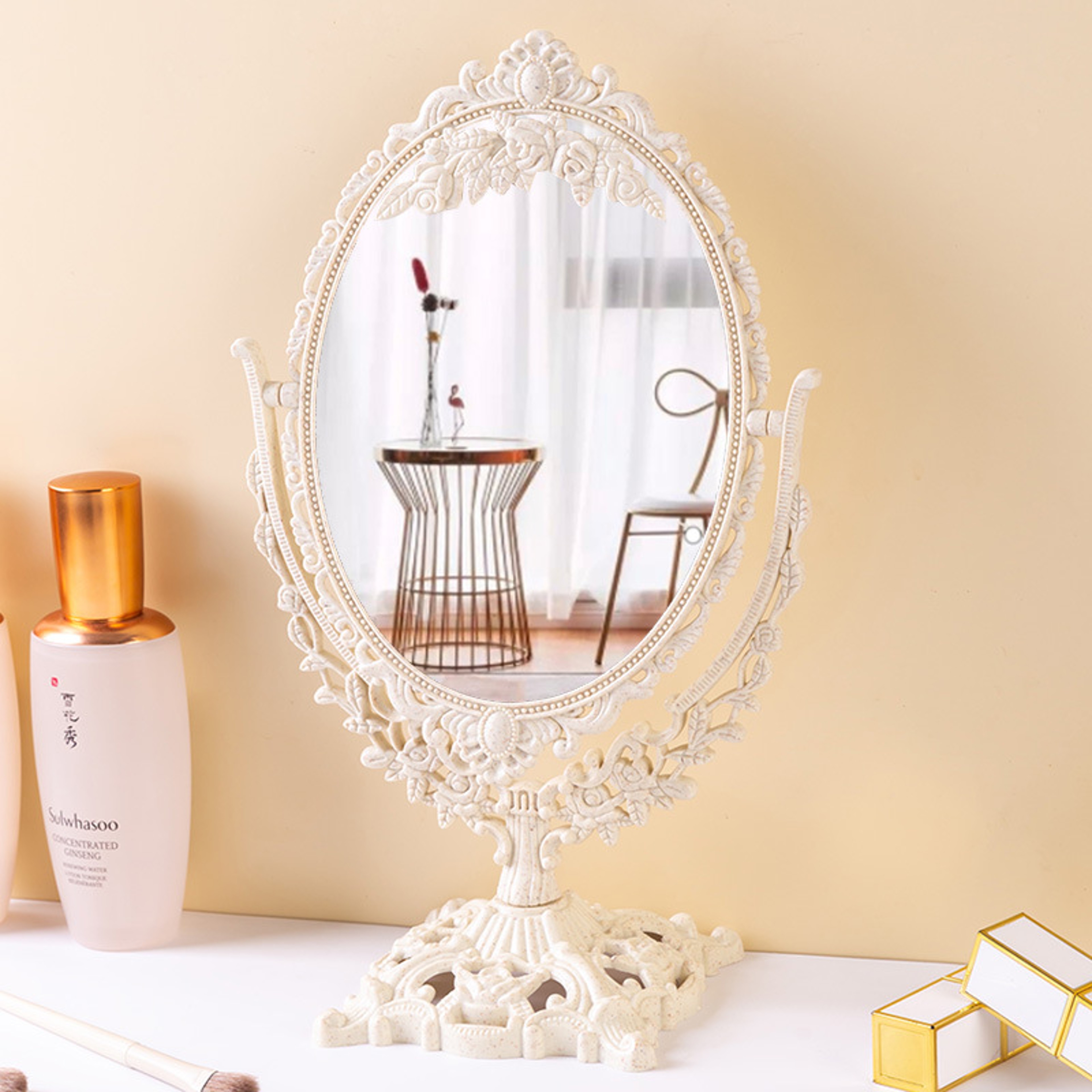 Style Retro DoubleSided Desktop Mirror Heart Circle Shape Vanity Mirror For Dorm Bedroom Countertop 0