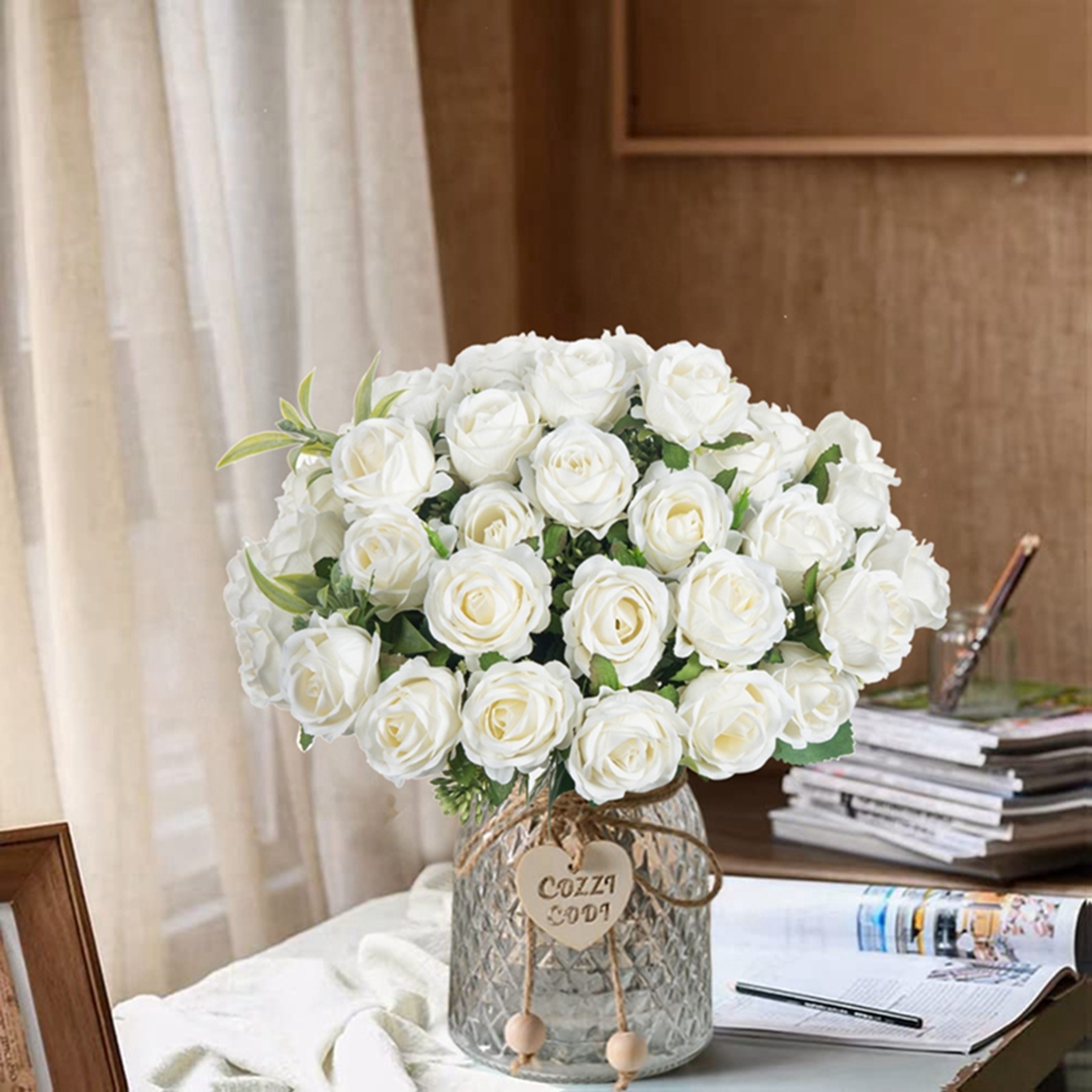 Head Silk White Artificial Rose Bundle For Garden Wedding Party Family Room Vase 0