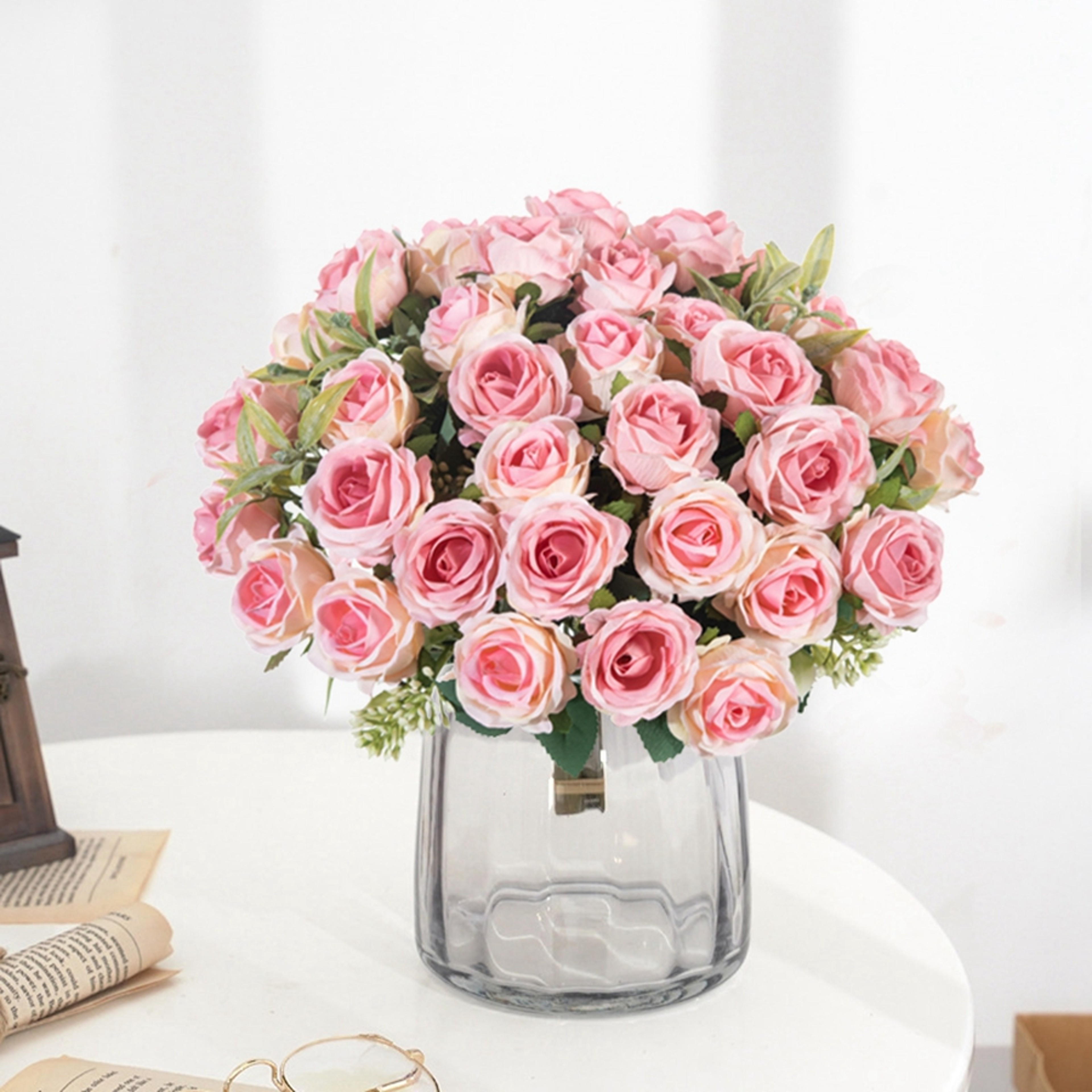 Head Silk White Artificial Rose Bundle For Garden Wedding Party Family Room Vase 4