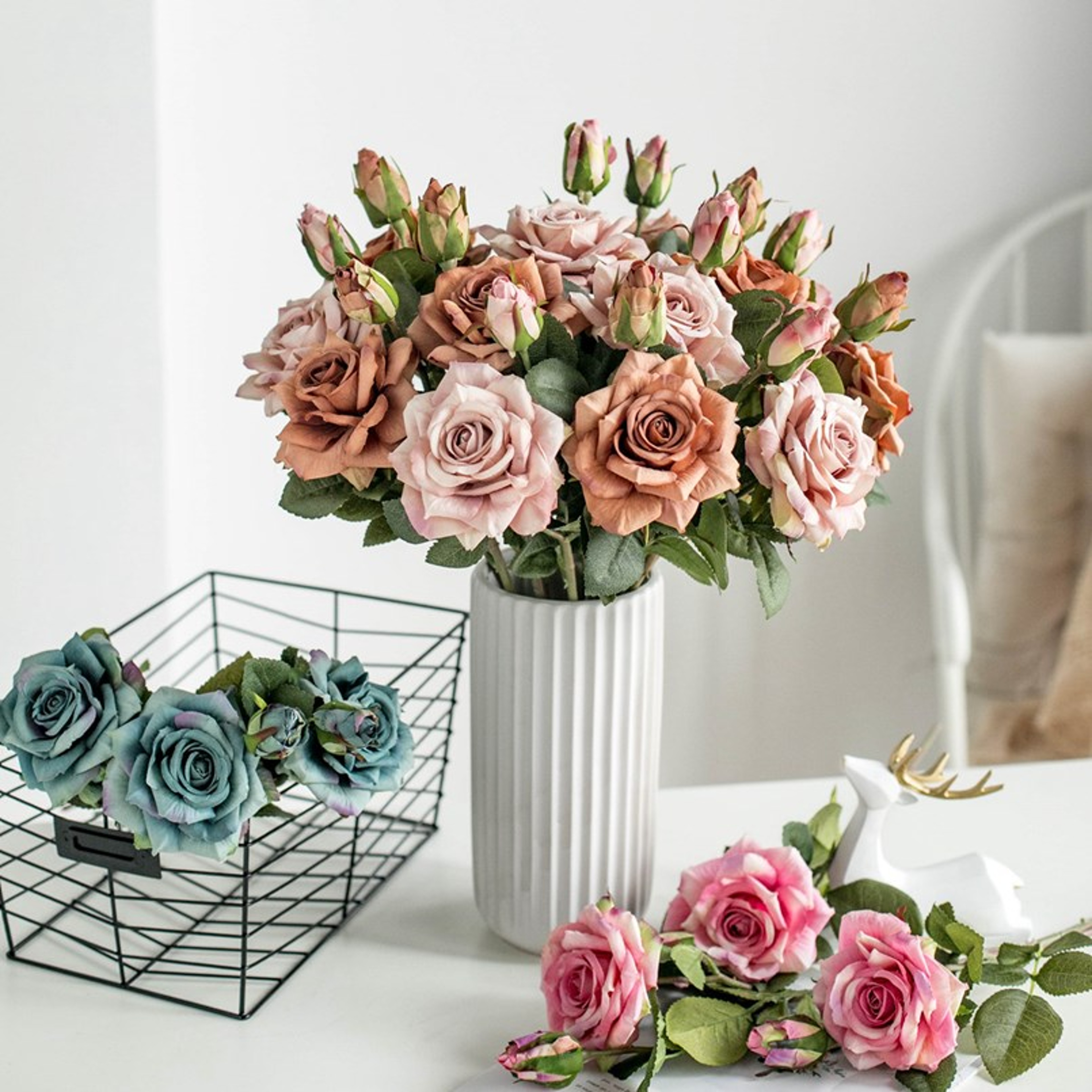 Artificial Silk Roses Big Beautiful Branch Vase Retro Wedding Decor Autumn Fake Flowers Home Room G 4