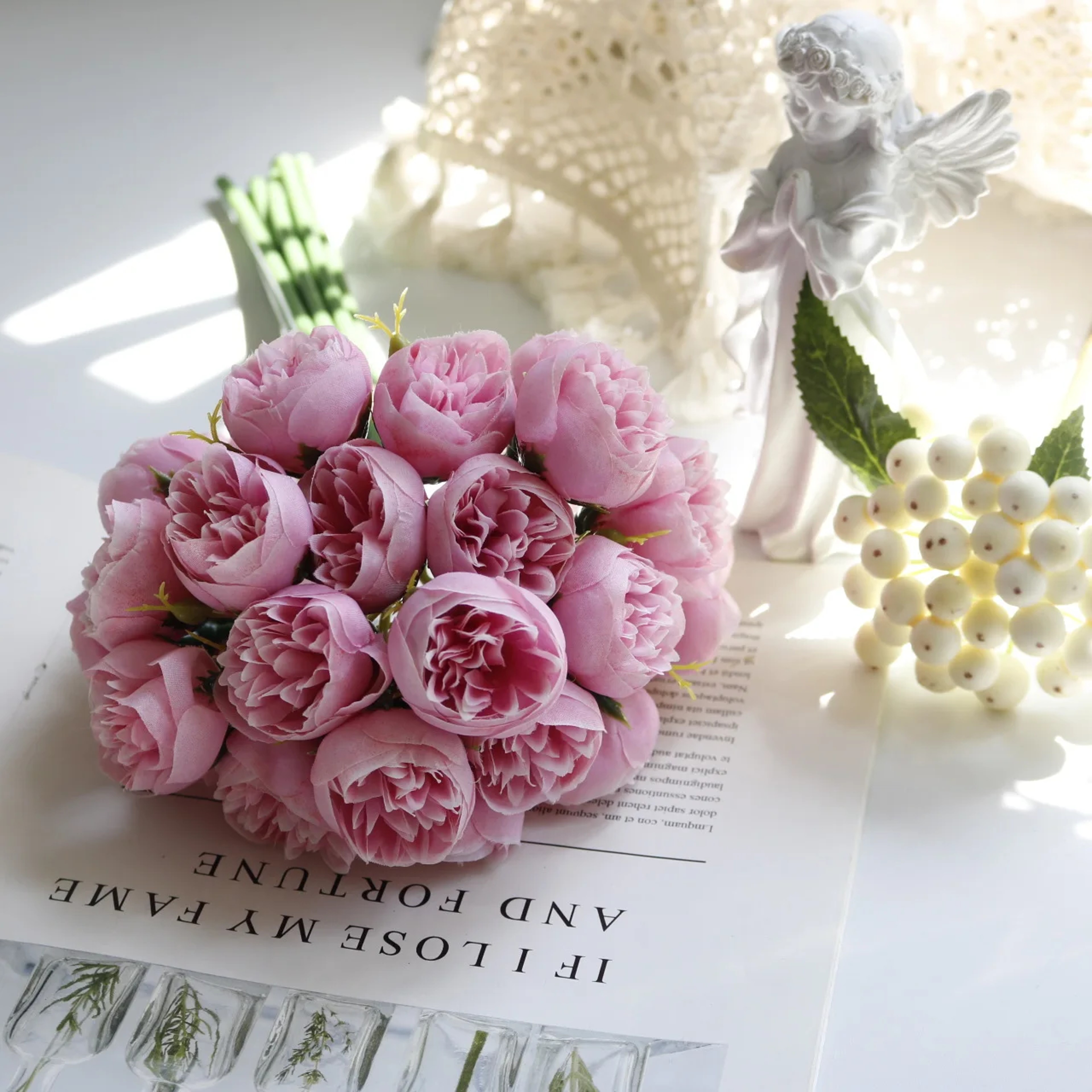 Artificial Silk Rose Pink Peony Bouquet Heads Fake Flowers For Home Table Vase Wedding Decor 2