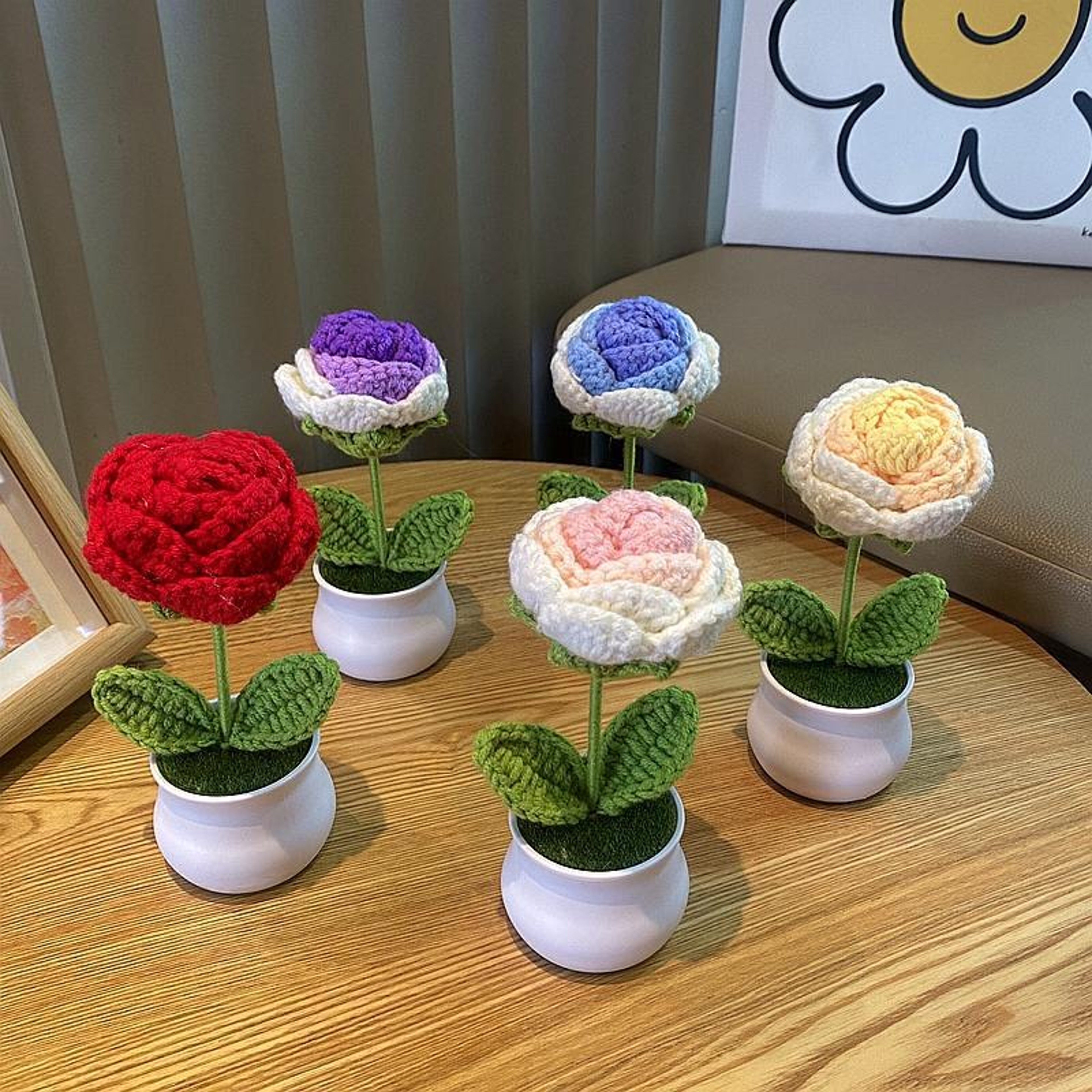 Handwoven DIY Mini Rose Potted Flower Woolen Thread Finished Home Decor For Office And Desktop 3