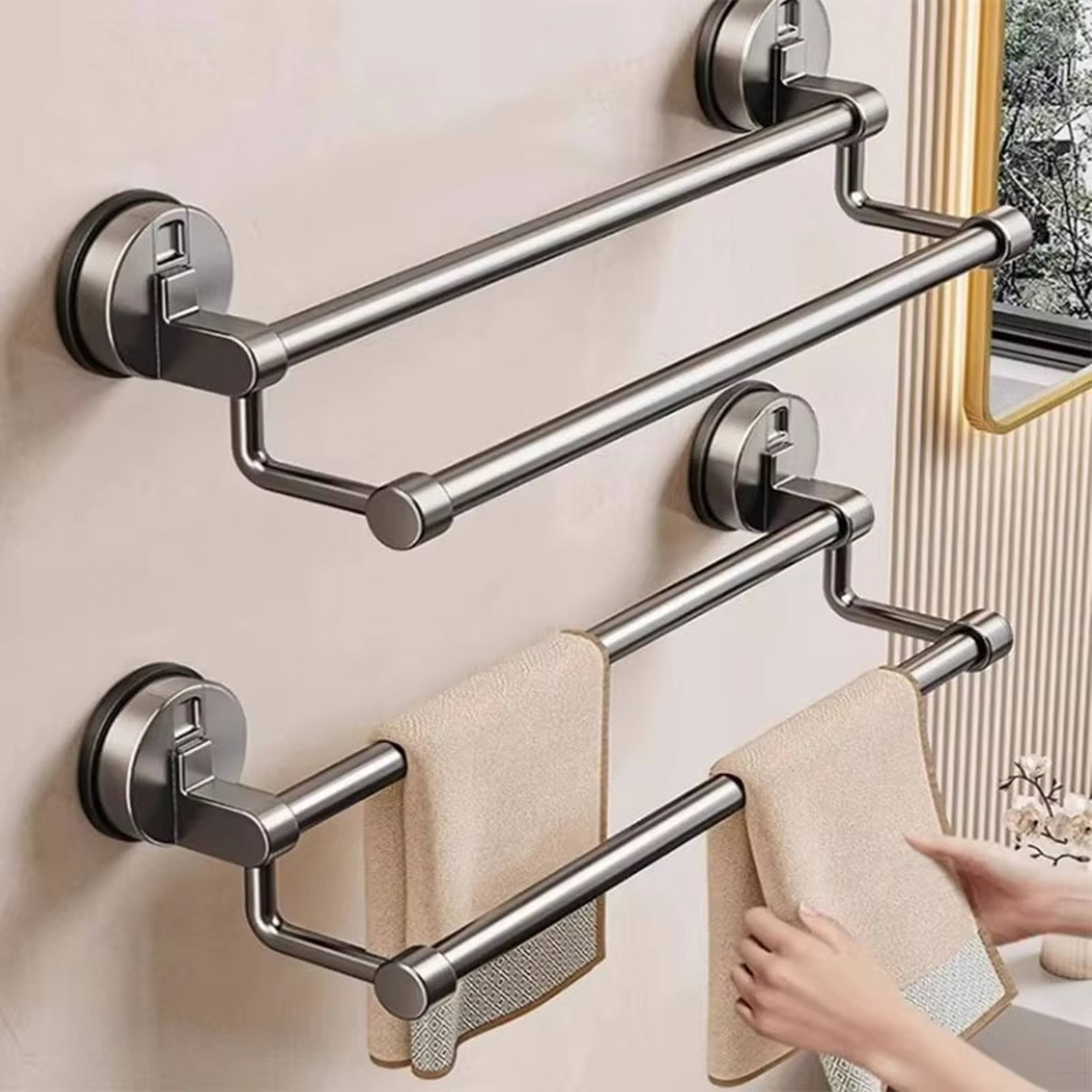 Bathroom Space Aluminum Double Rod Towel Rack Punchfree Storage Shelf 0