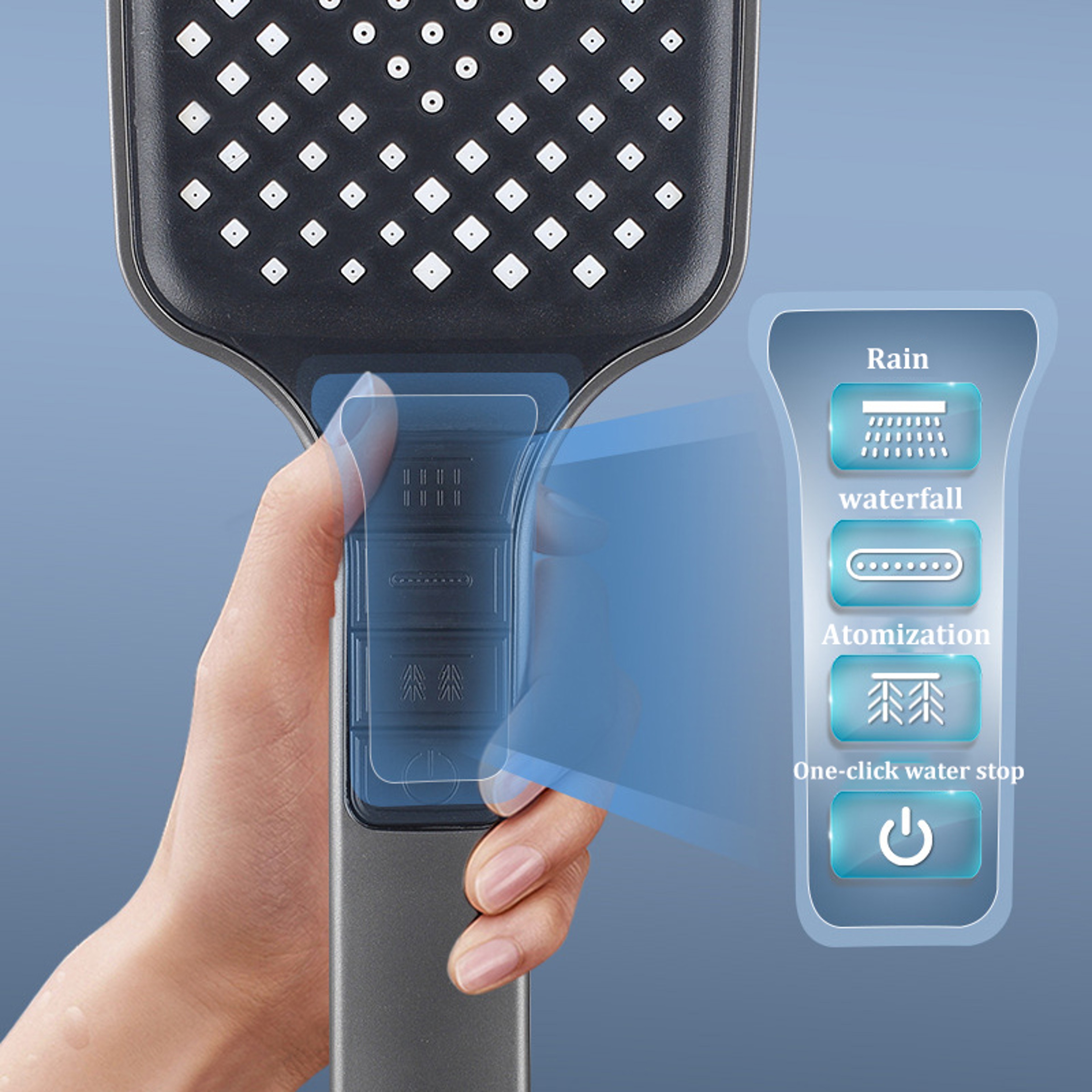 High Pressure Water Saving 7 Modes Adjustable Shower Head One Button Stop Large Panel Bathroom Set 3
