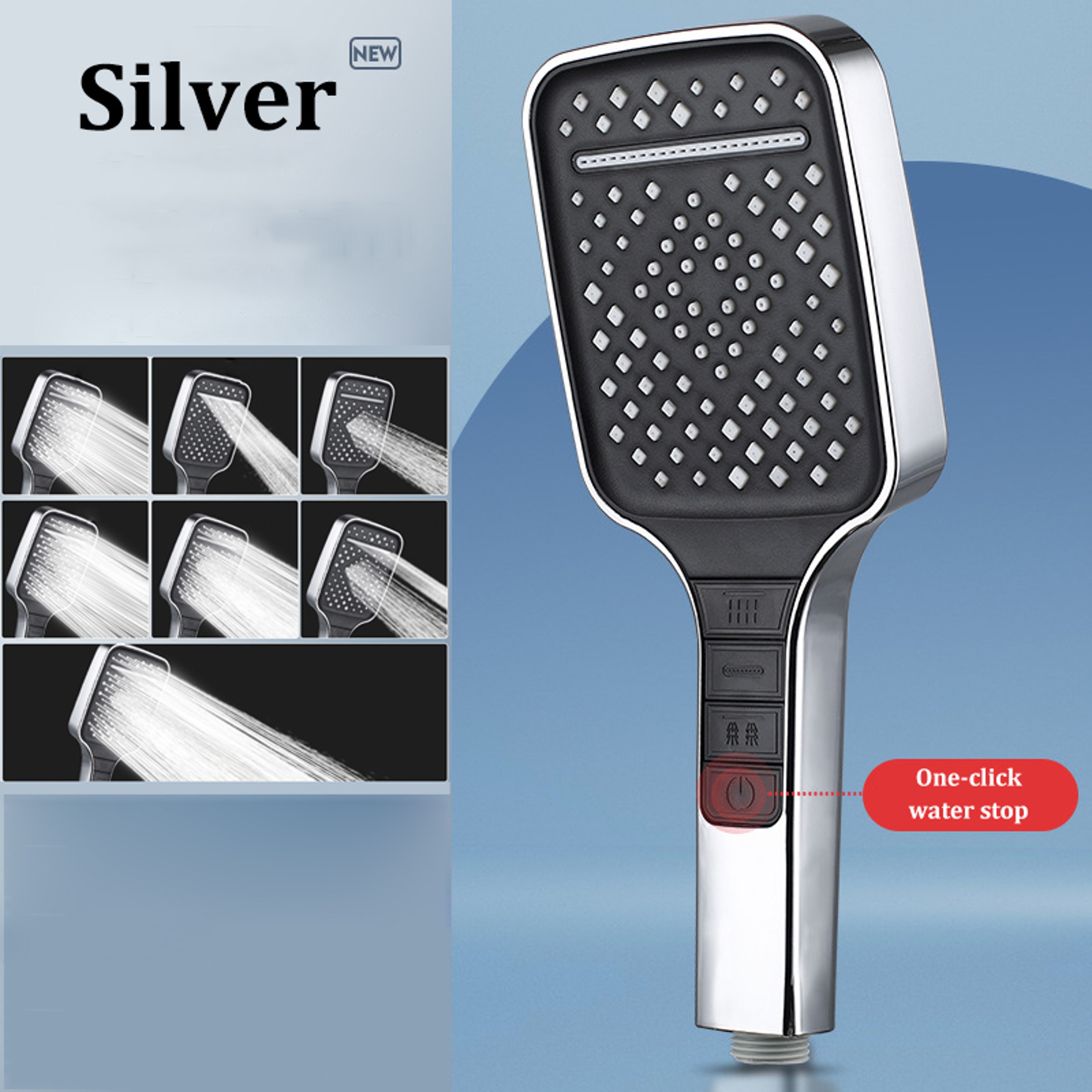 High Pressure Water Saving 7 Modes Adjustable Shower Head One Button Stop Large Panel Bathroom Set 6