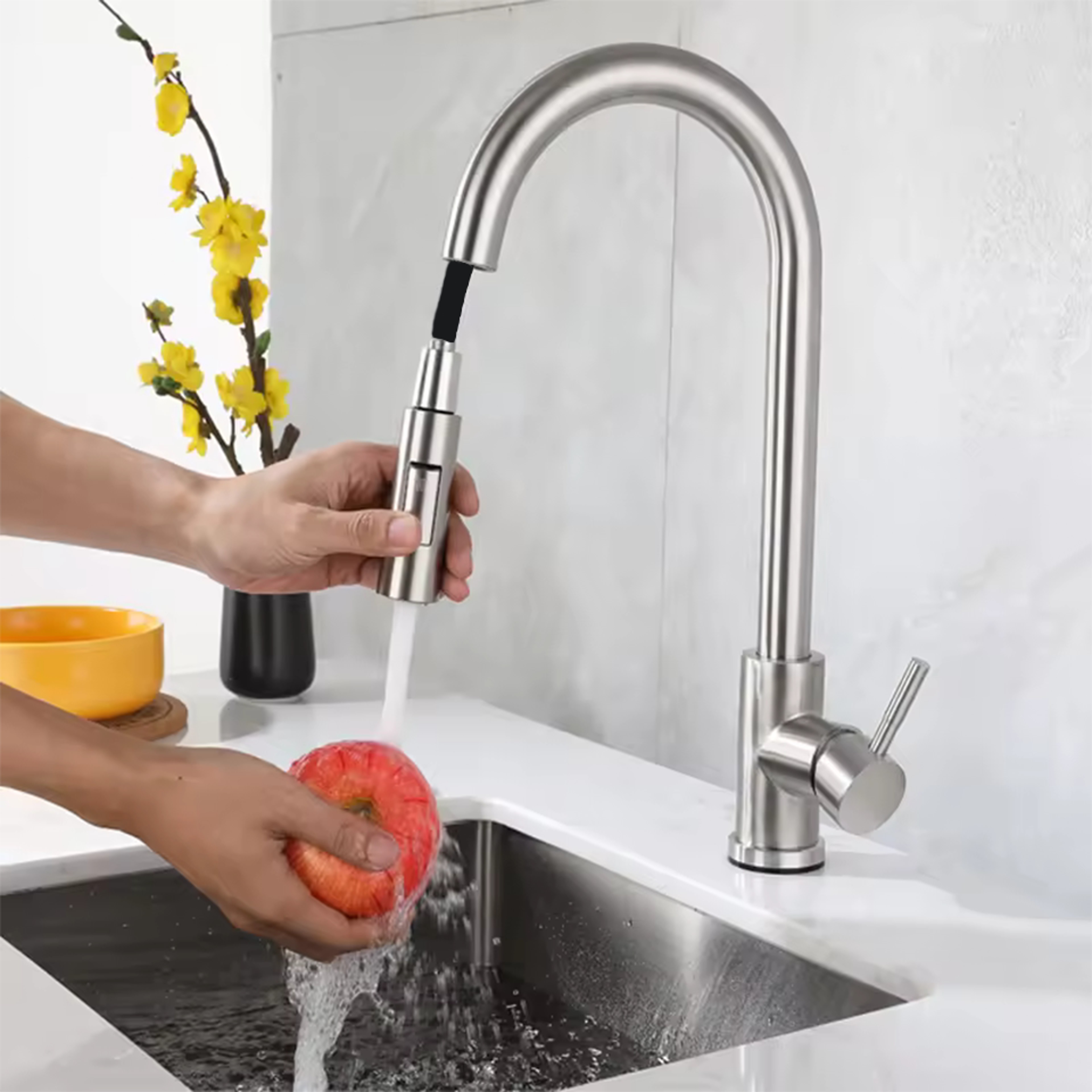 Pullout Kitchen Faucet Stainless Steel Brushed Sink Faucet Single Hole Water Faucet 0