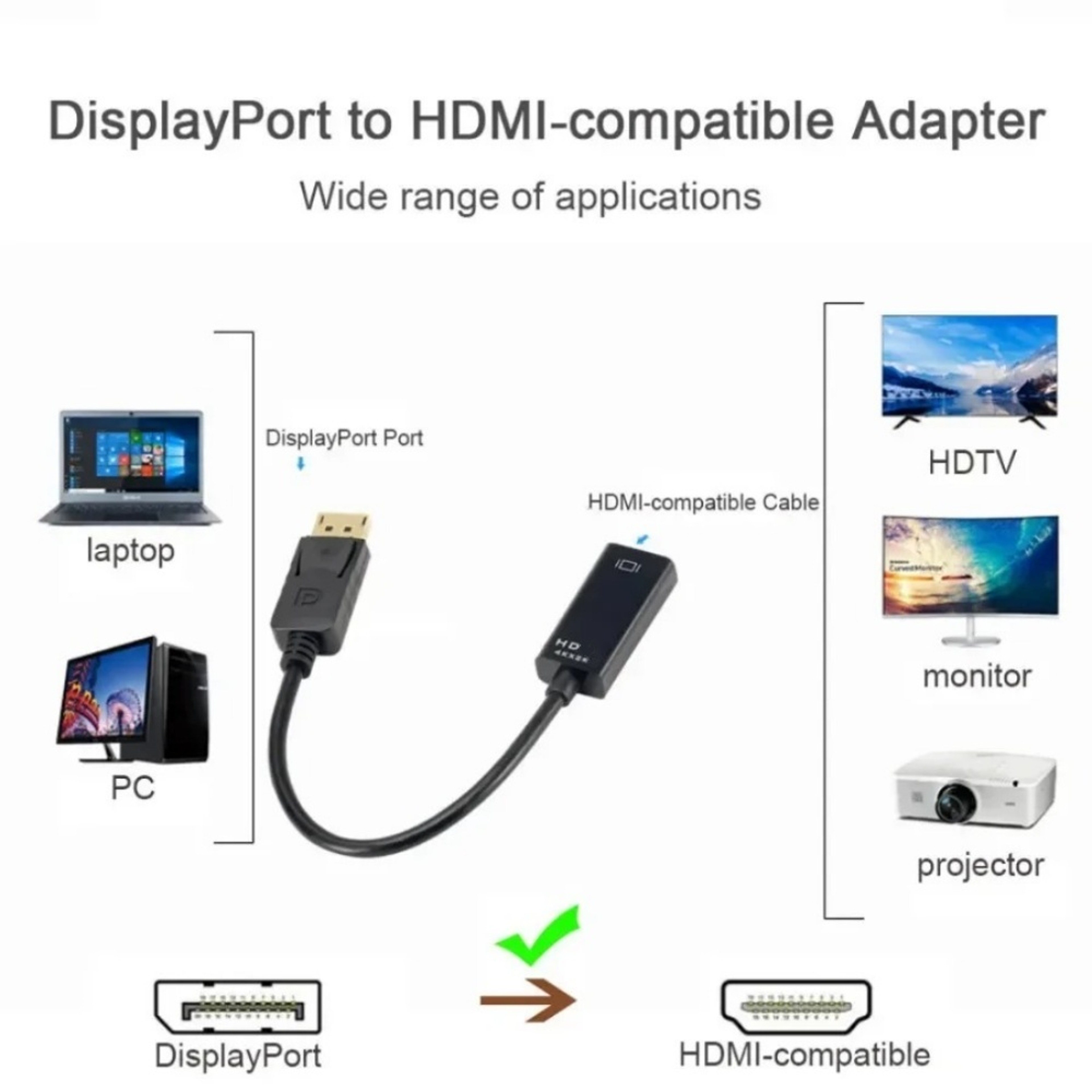 DP To HDMI Compatible Connector Adapter Display Port Video Audio Cable For Monitor TV Laptop Tablet 5