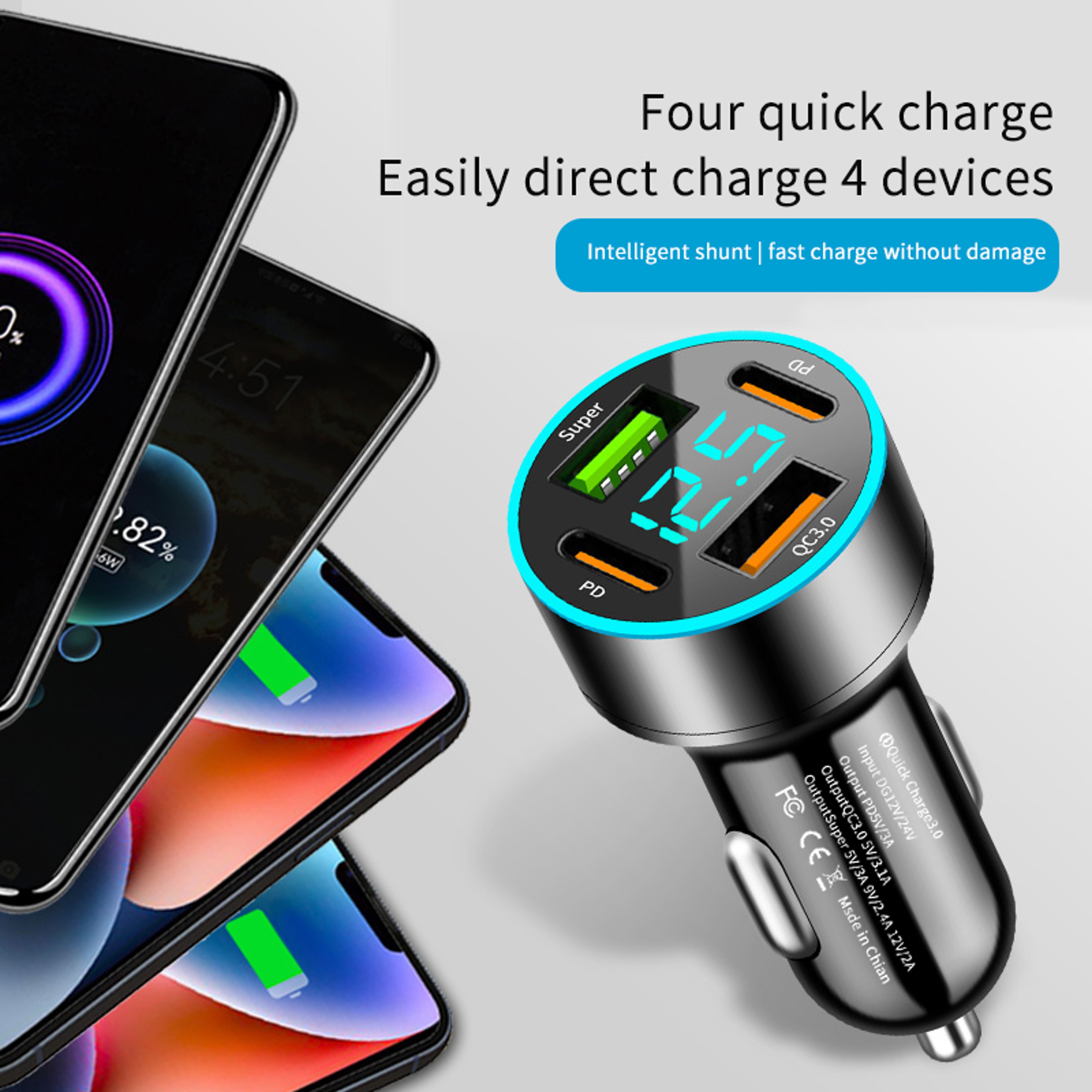 USB PD Car Charger Type C Quick Charge 30 Fast Charging Adapter With LED Display 4