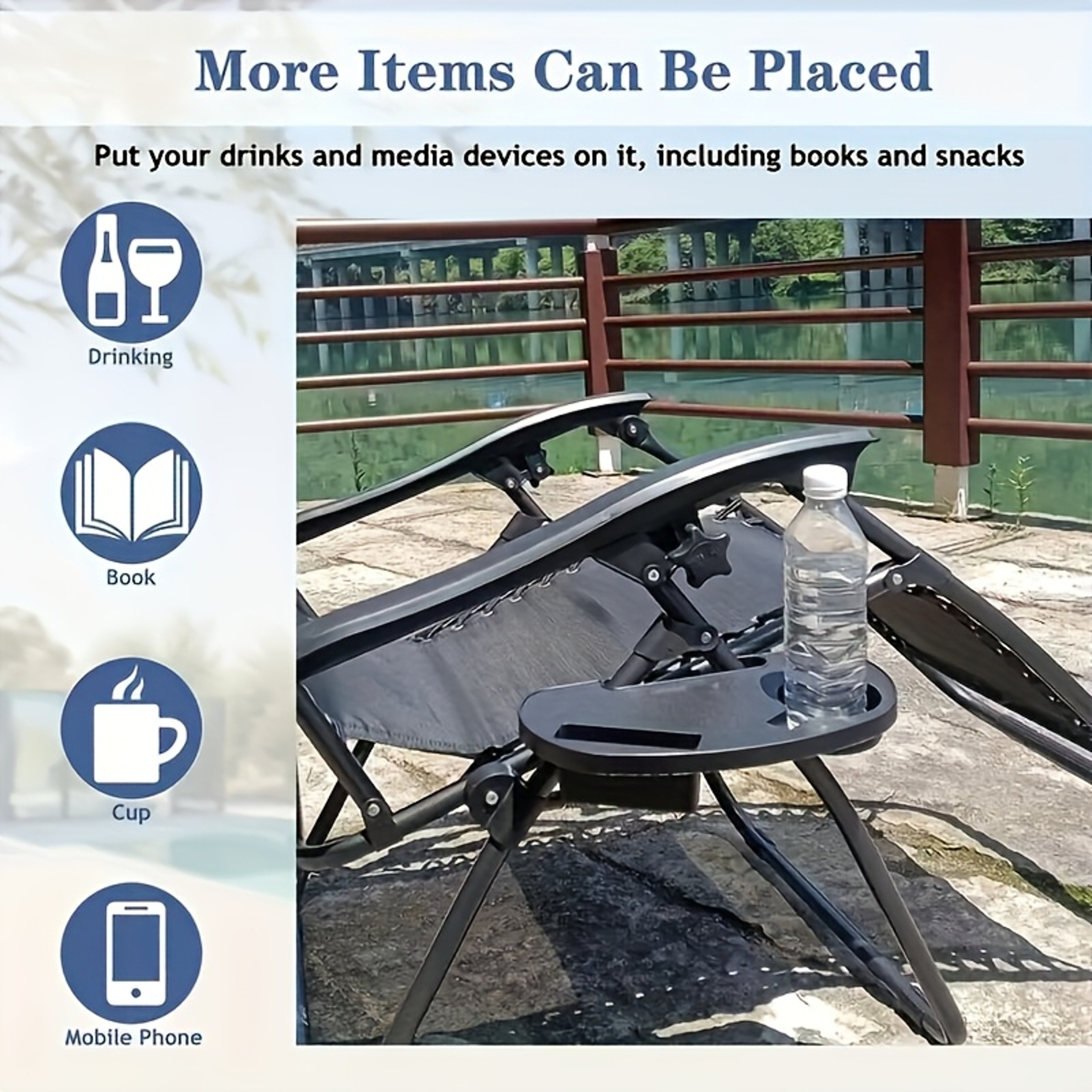 Durable Folding Chair Side Table Attachment Black Plastic Beverage And Snack Tray No Power Required 1