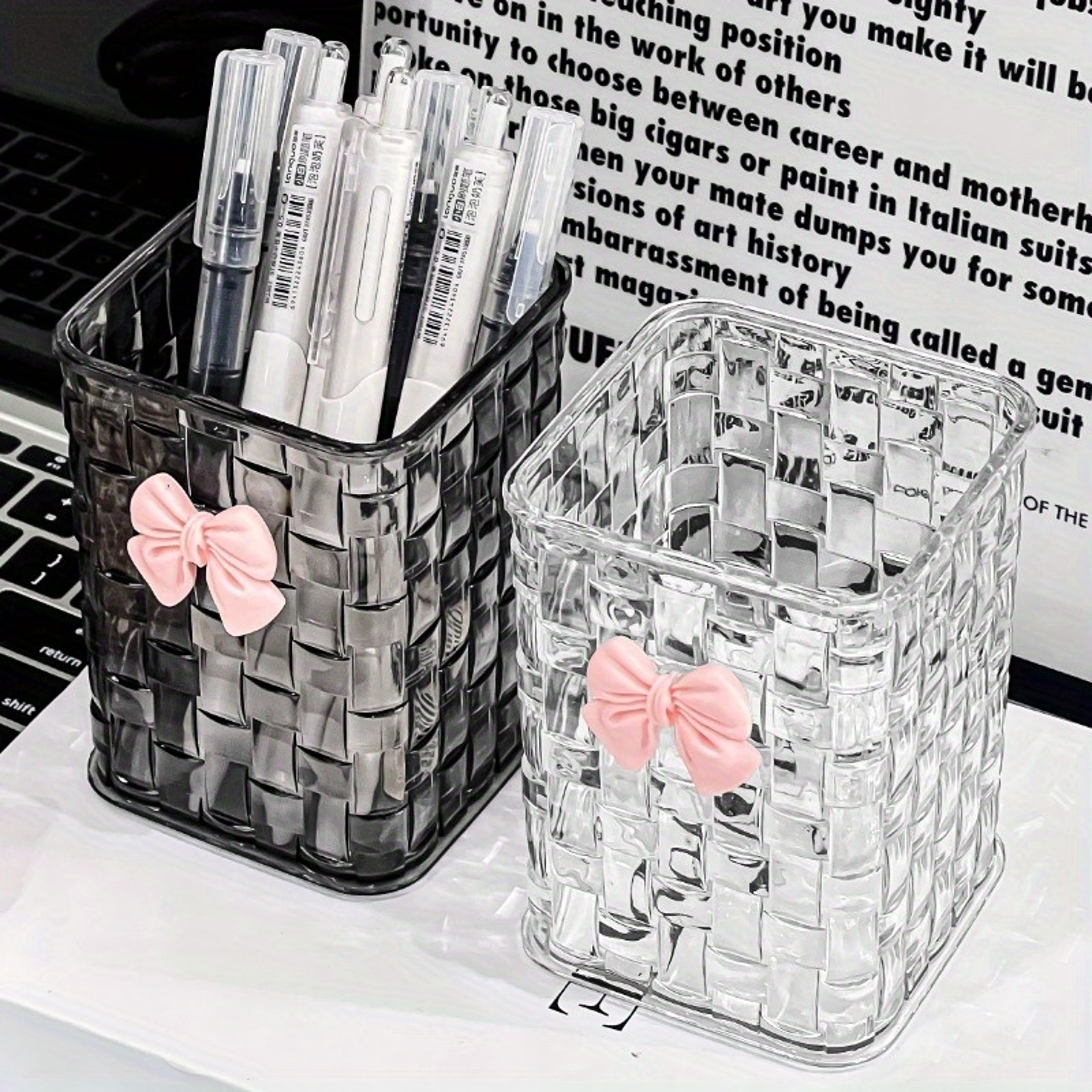 Durable Clear Acrylic Desk Organizer with Bow Accent Pen Holder and Storage Basket for Office Supplies and Accessories – view 1