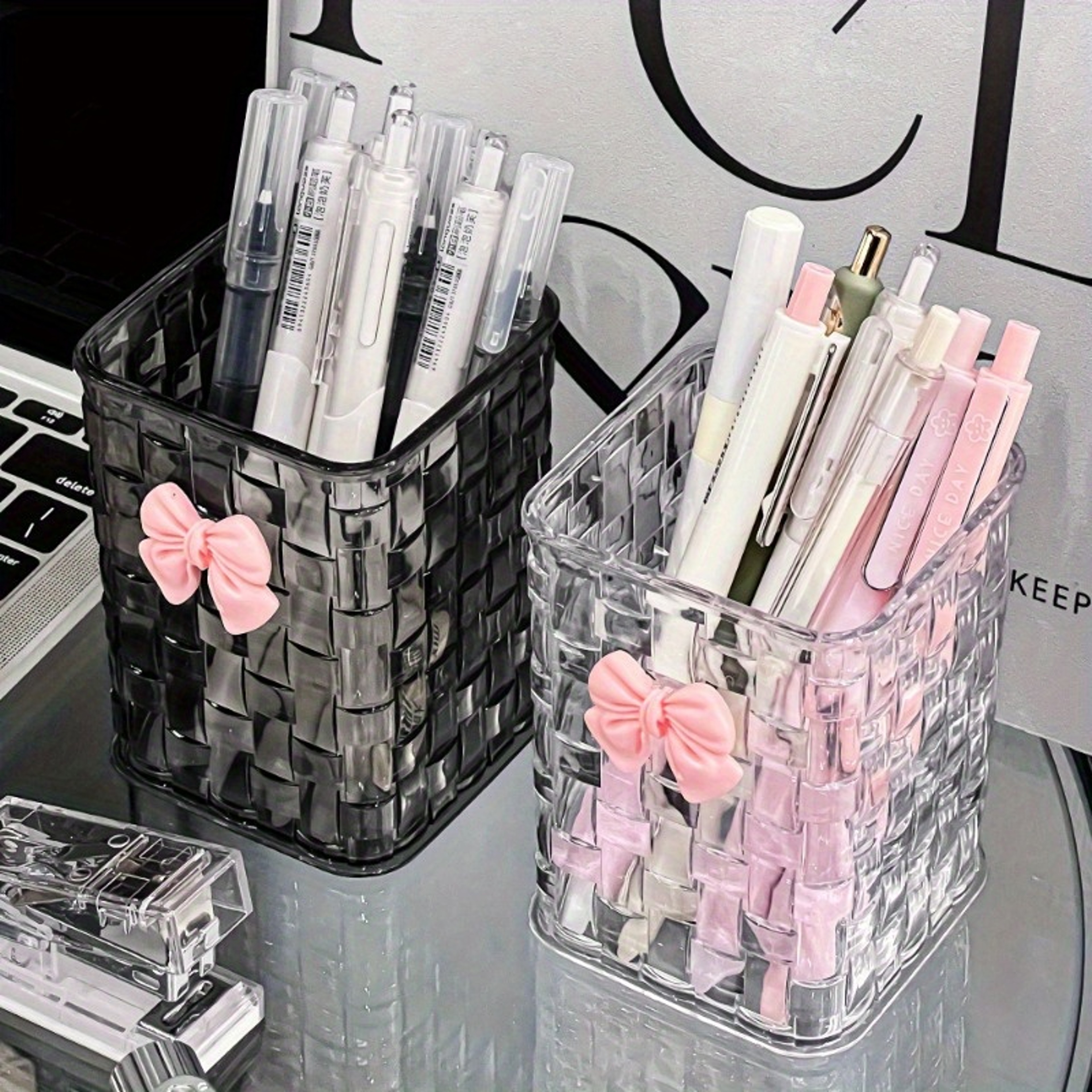 Durable Clear Acrylic Desk Organizer with Bow Accent Pen Holder and Storage Basket for Office Supplies and Accessories – view 4