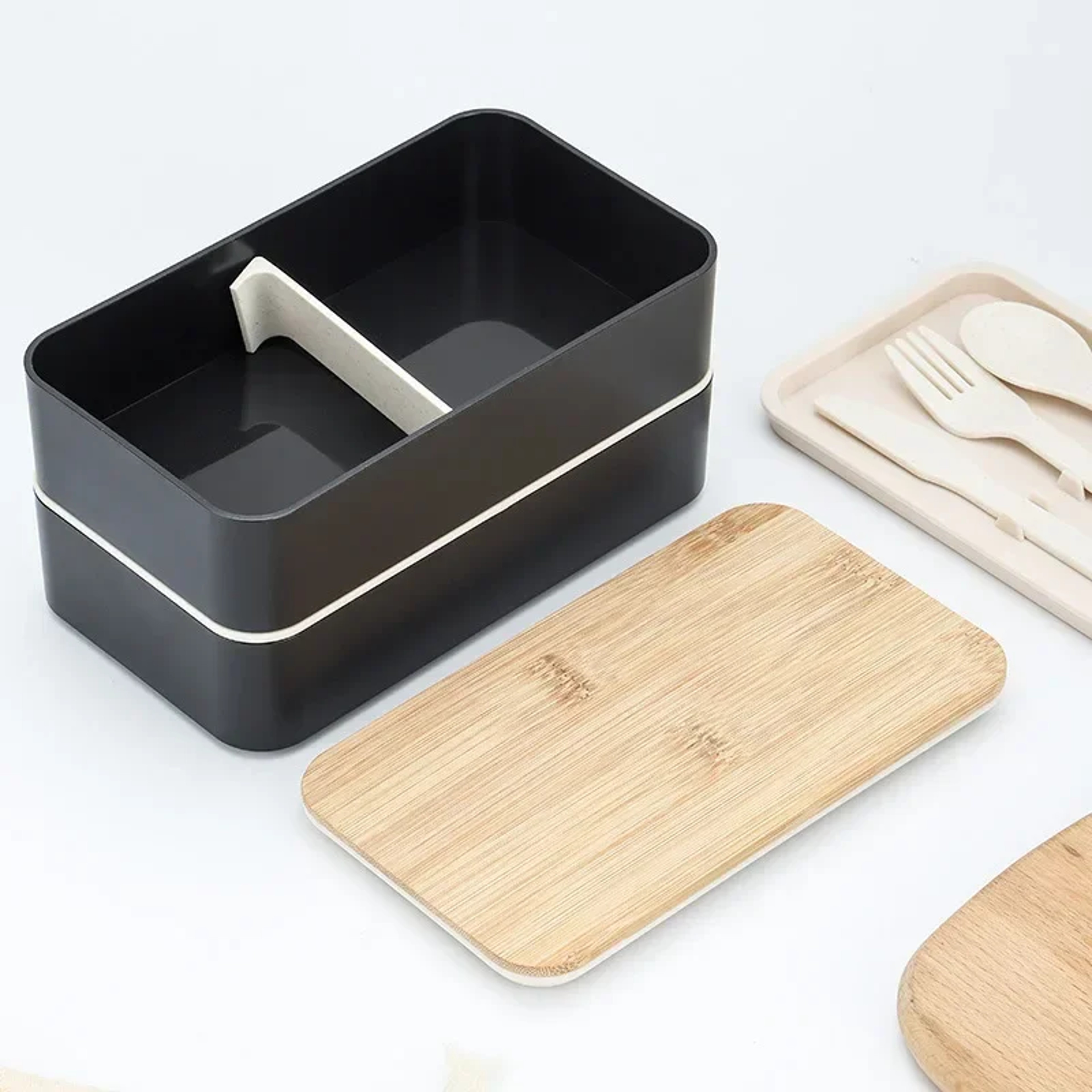 Minimalist Doublelayer Bento Box With Knife Fork Spoon New Style Divided Lunch Box For Students 0