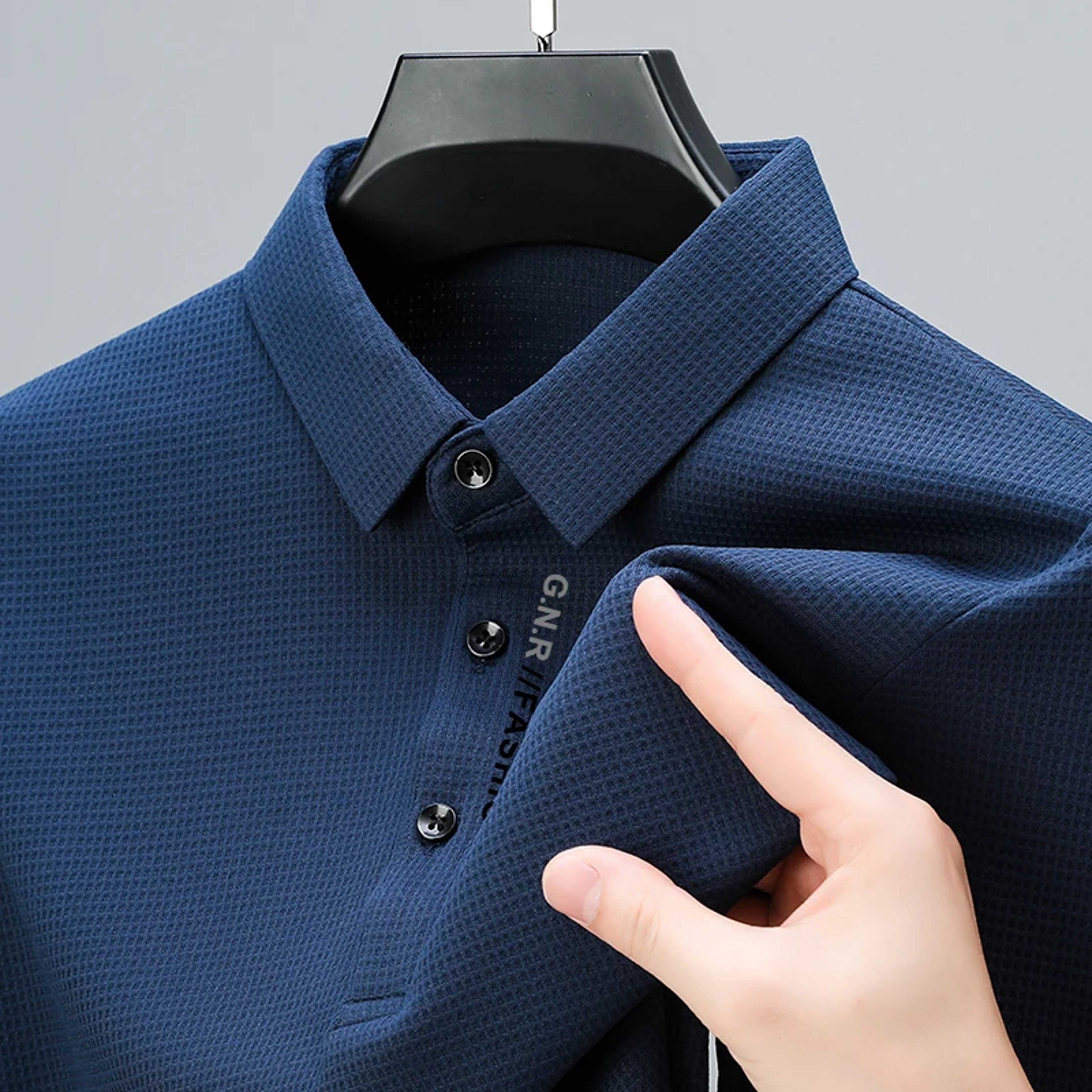 Casual Mens Waffle Long Sleeved POLO Shirt Letter Printed Lapel Top 0