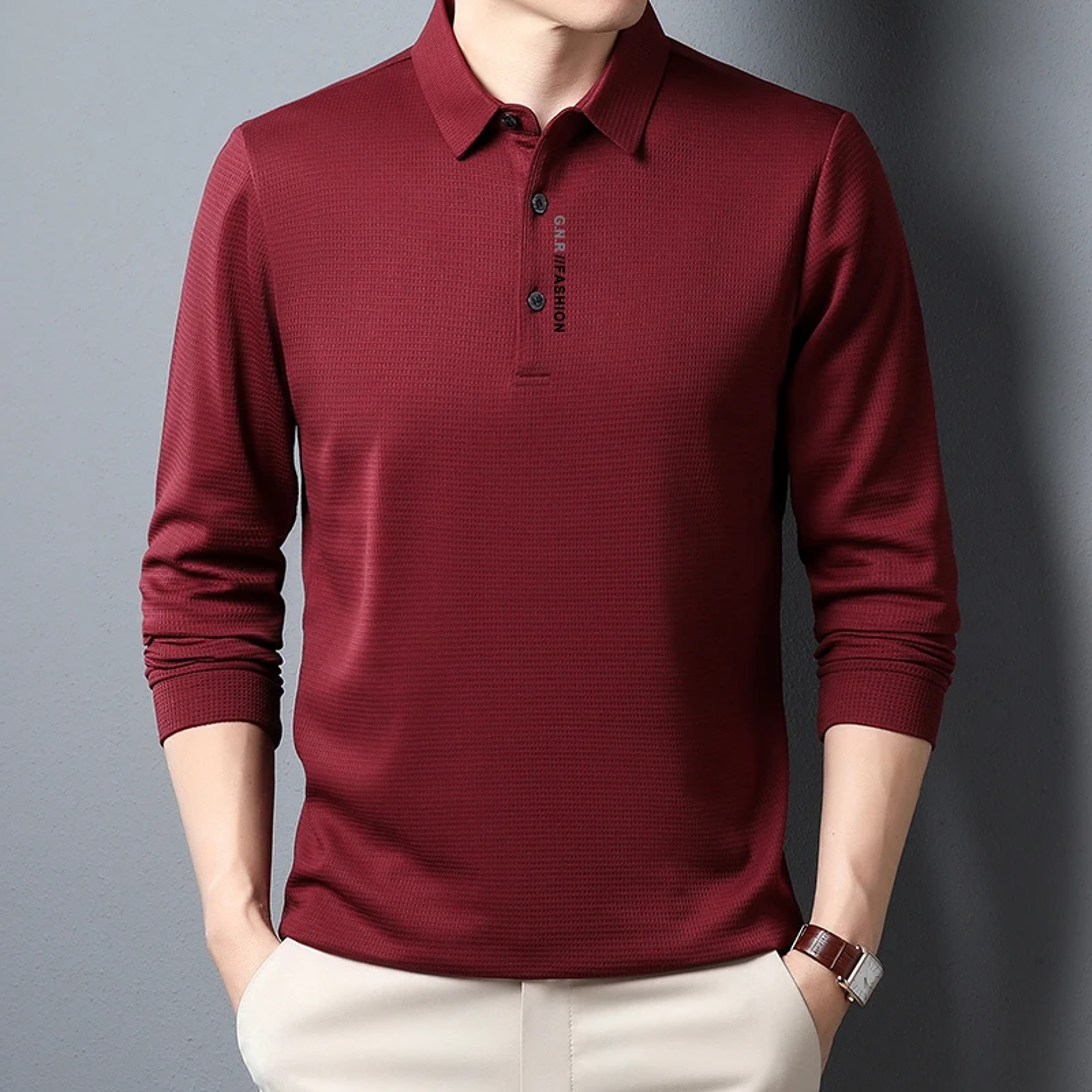 Casual Mens Waffle Long Sleeved POLO Shirt Letter Printed Lapel Top 6
