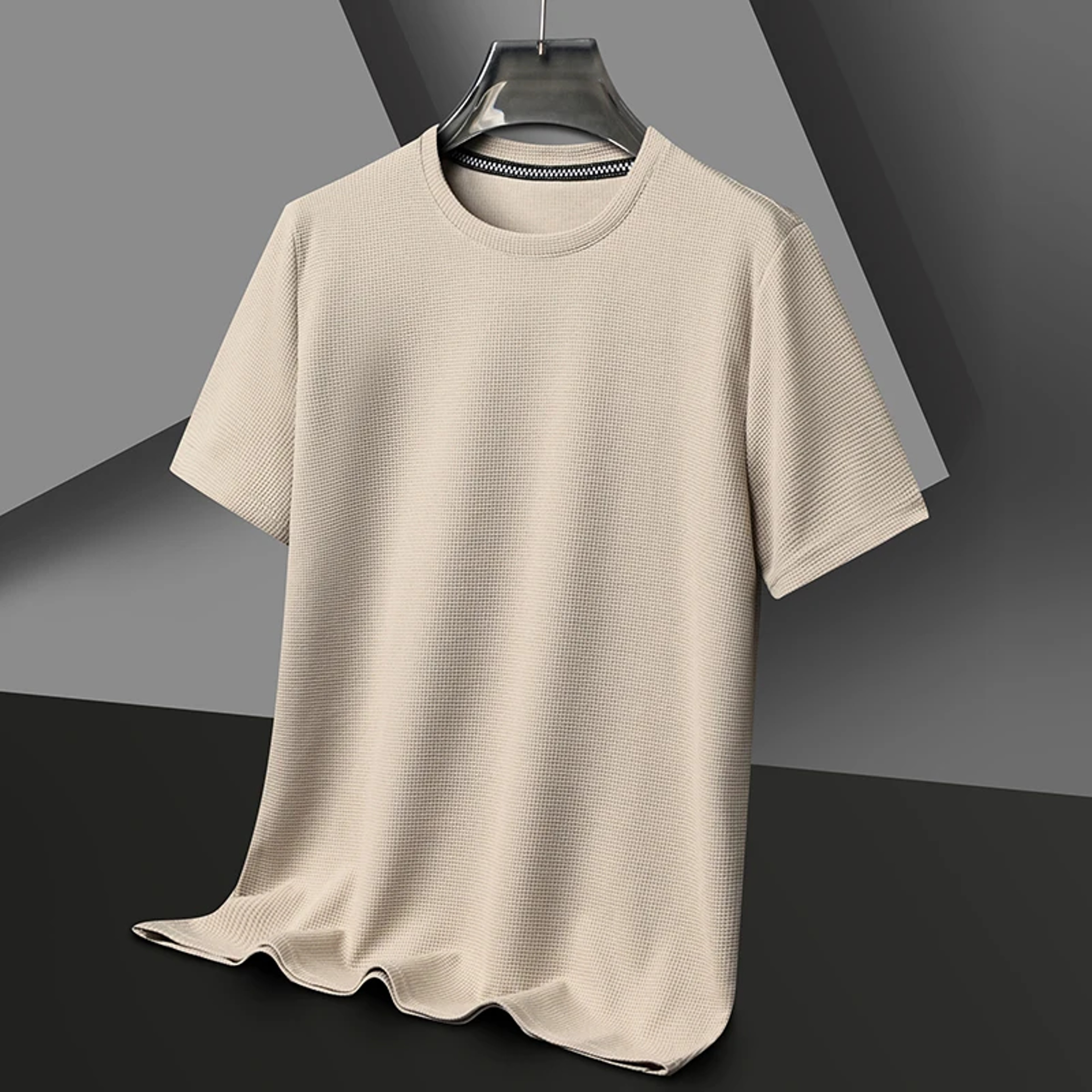 Mens Short Sleeved Polo Shirt Waffle Solid Cotton Top Fashion Splicing Round Neck Tshirt 3