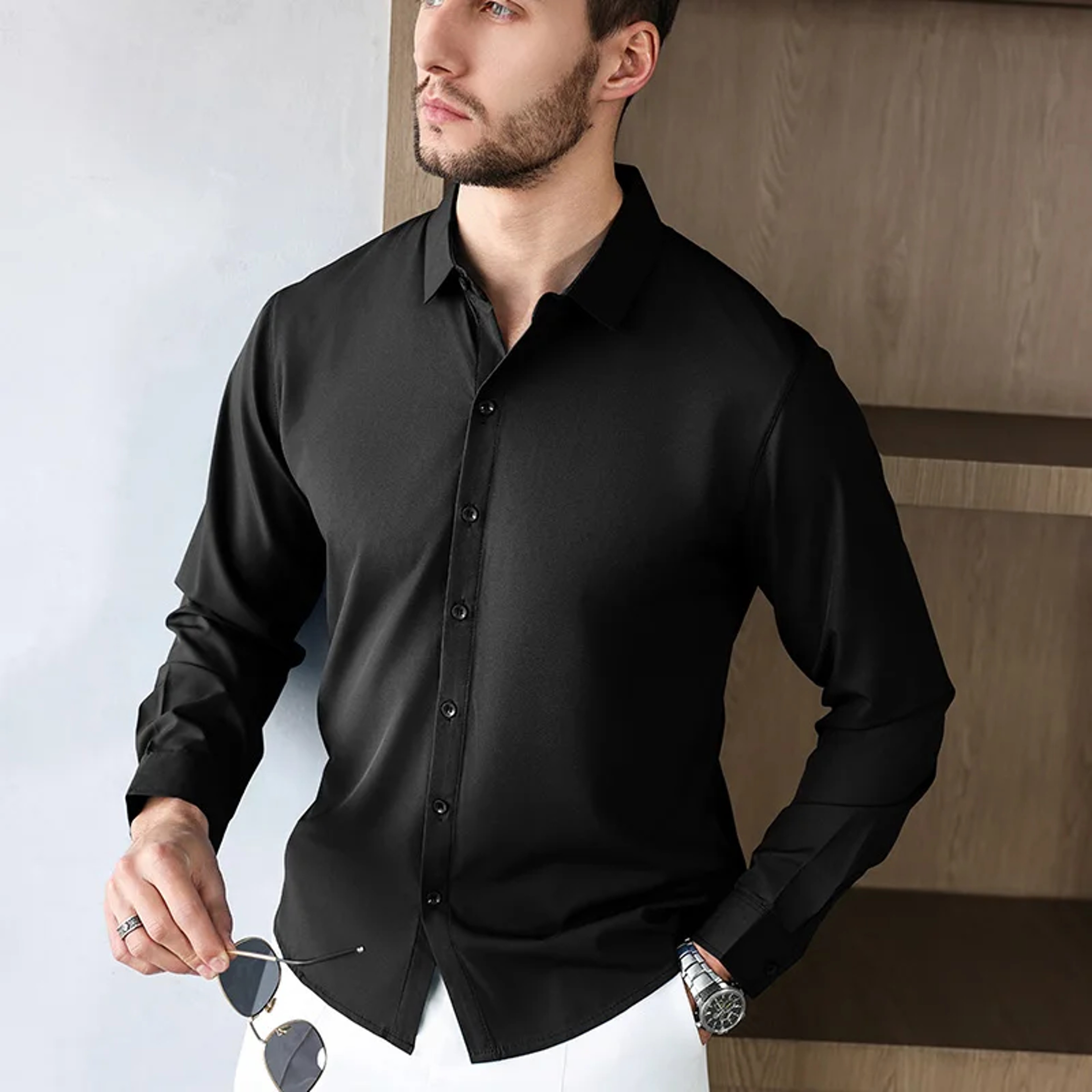 New Mens Solid Color Business Casual Long Sleeved Shirt Wrinkle Free Comfortable All Season Top 0