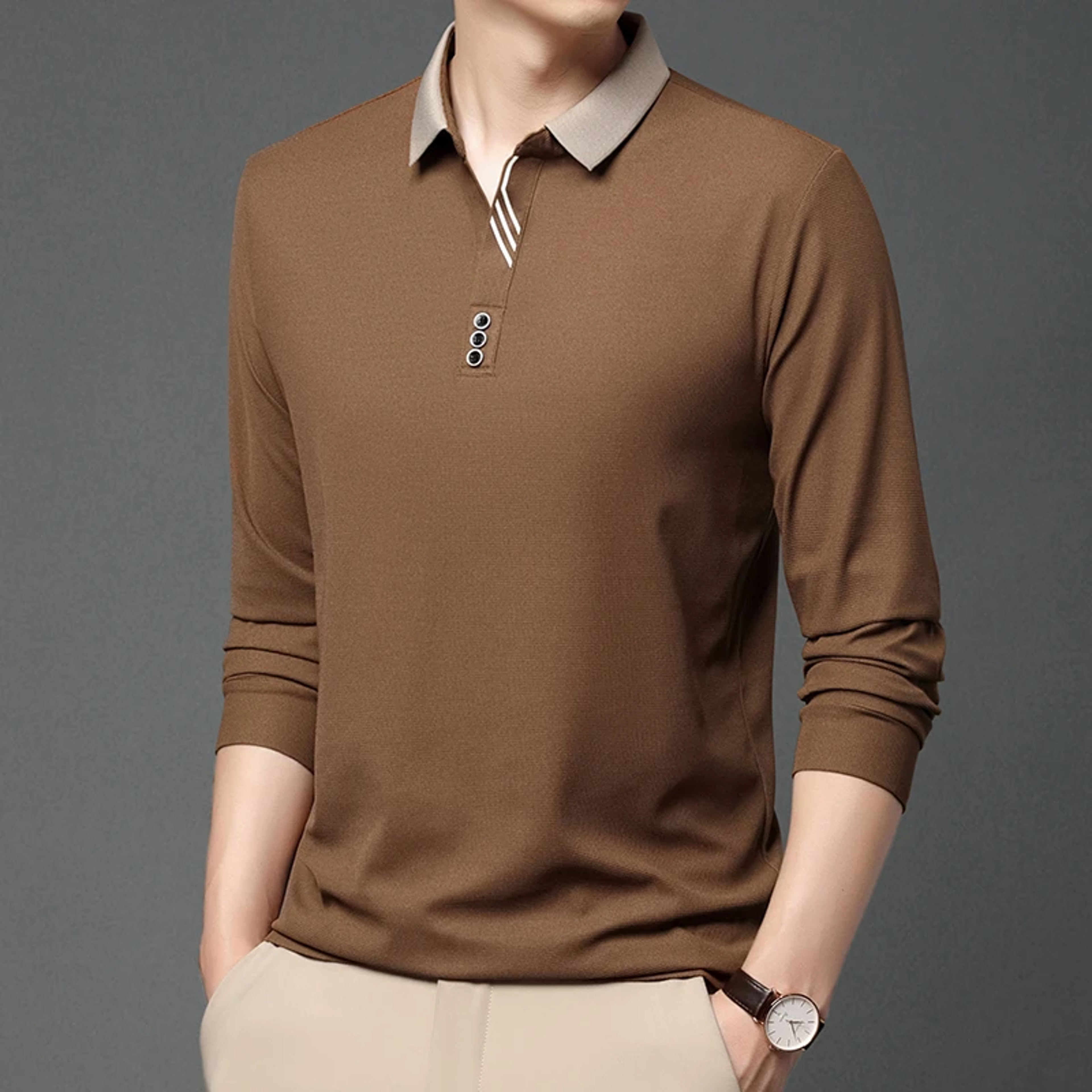Stylish Mens Business Casual Polo Shirt Breathable Long Sleeved Top Comfortable Solid Color Shirt 1