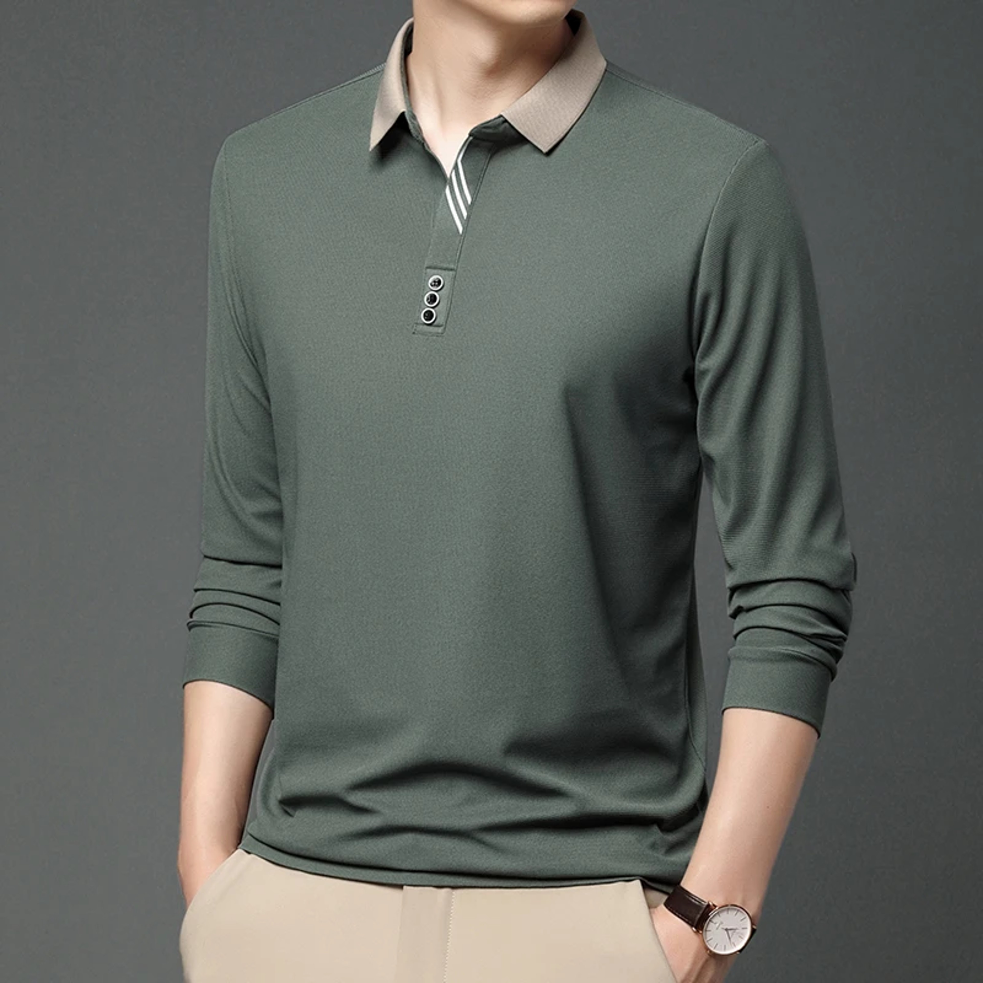 Stylish Mens Business Casual Polo Shirt Breathable Long Sleeved Top Comfortable Solid Color Shirt 0