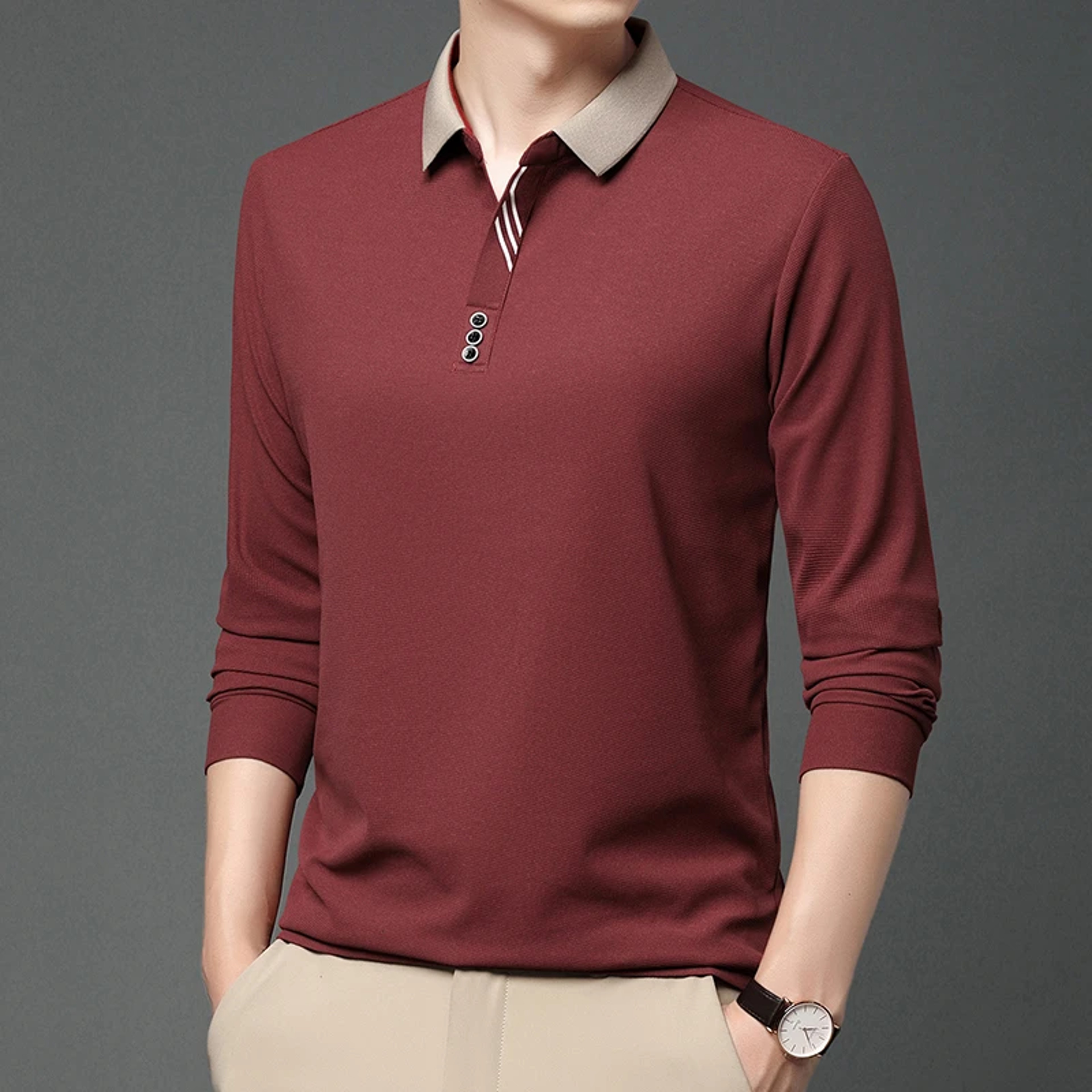Stylish Mens Business Casual Polo Shirt Breathable Long Sleeved Top Comfortable Solid Color Shirt 4