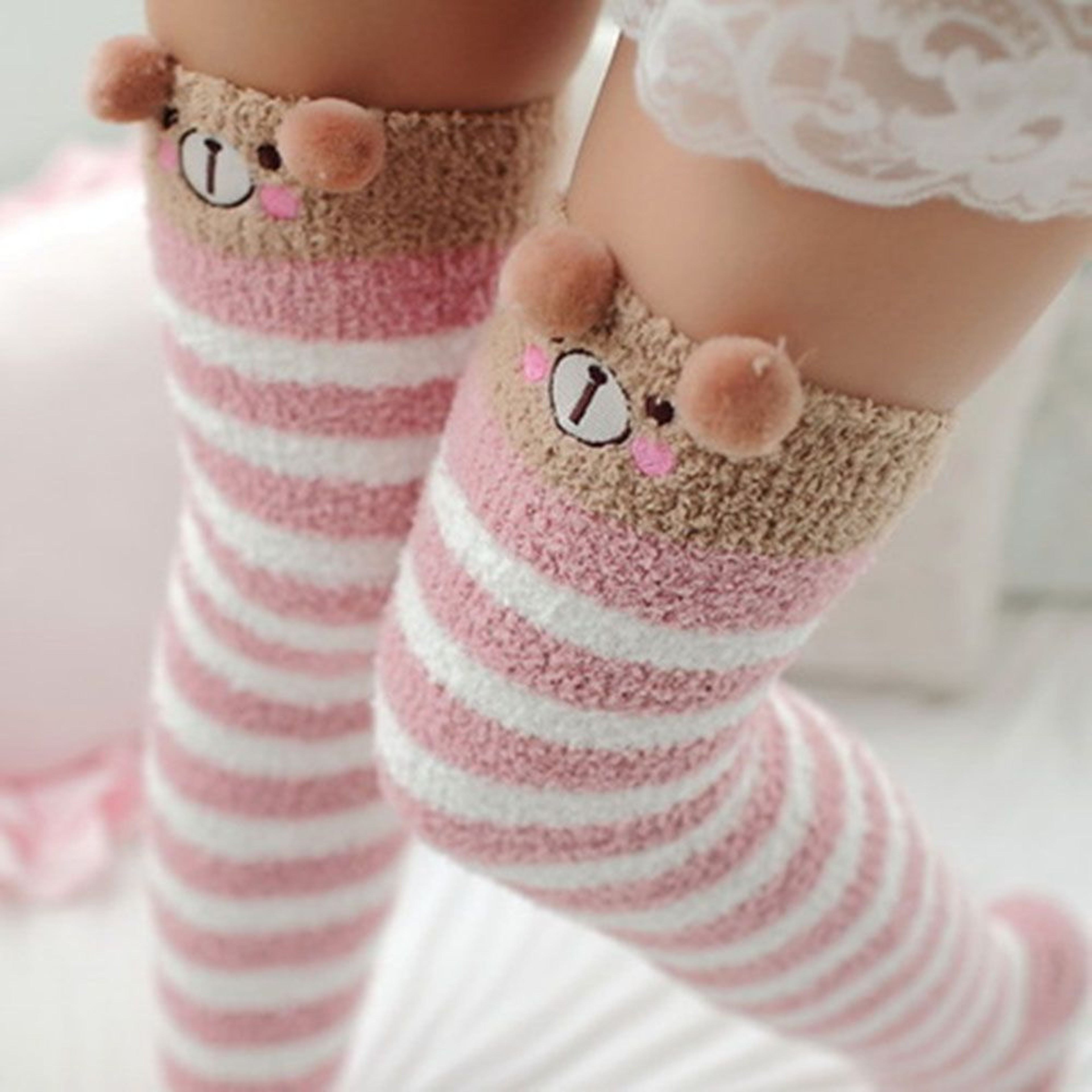 Cute Animal Printed Knee Socks Striped Lovely Long Winter Thigh High Stockings – view 3