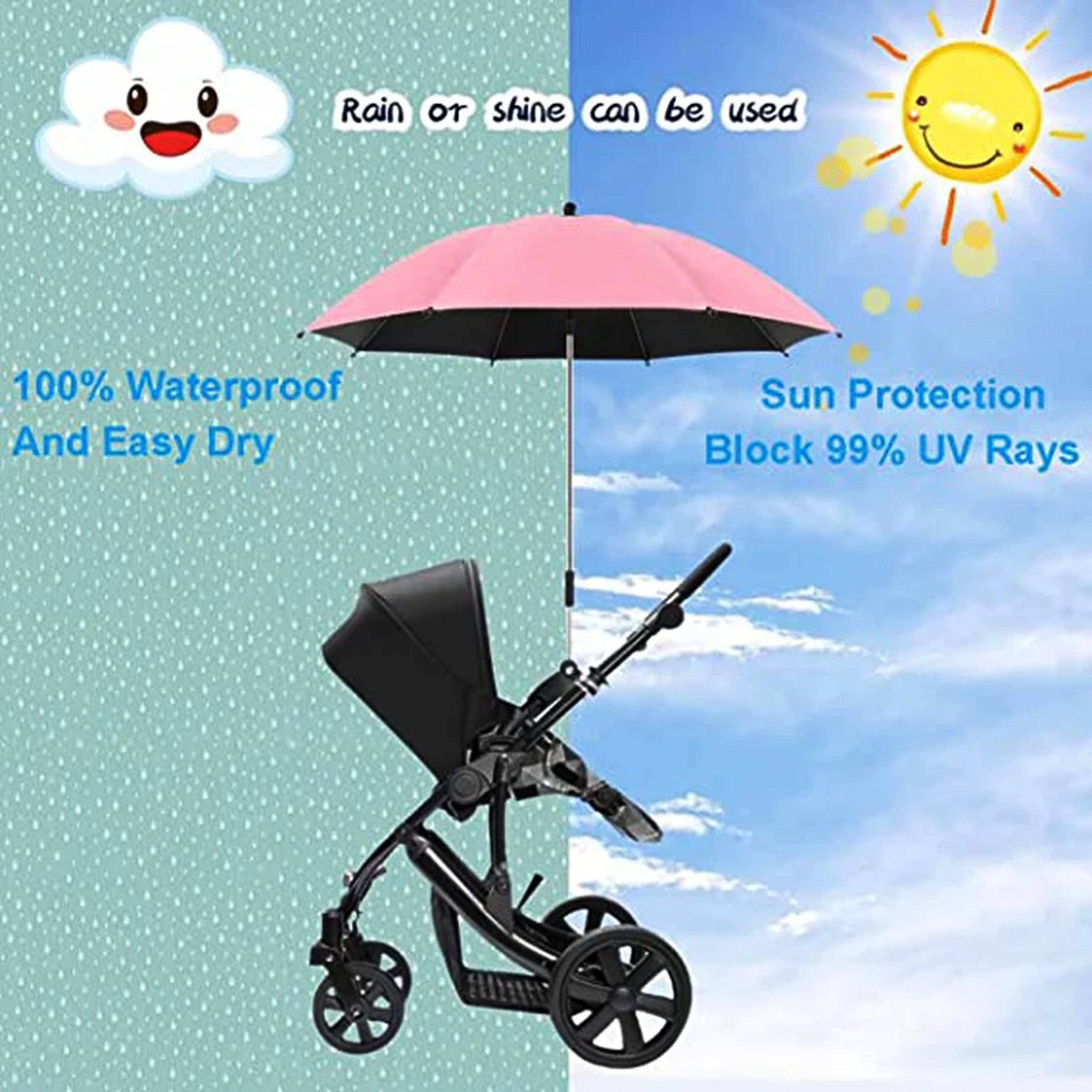Baby Stroller Accessories UV Protection Umbrella With Clamp Sunscreen Rainproof Cover 2