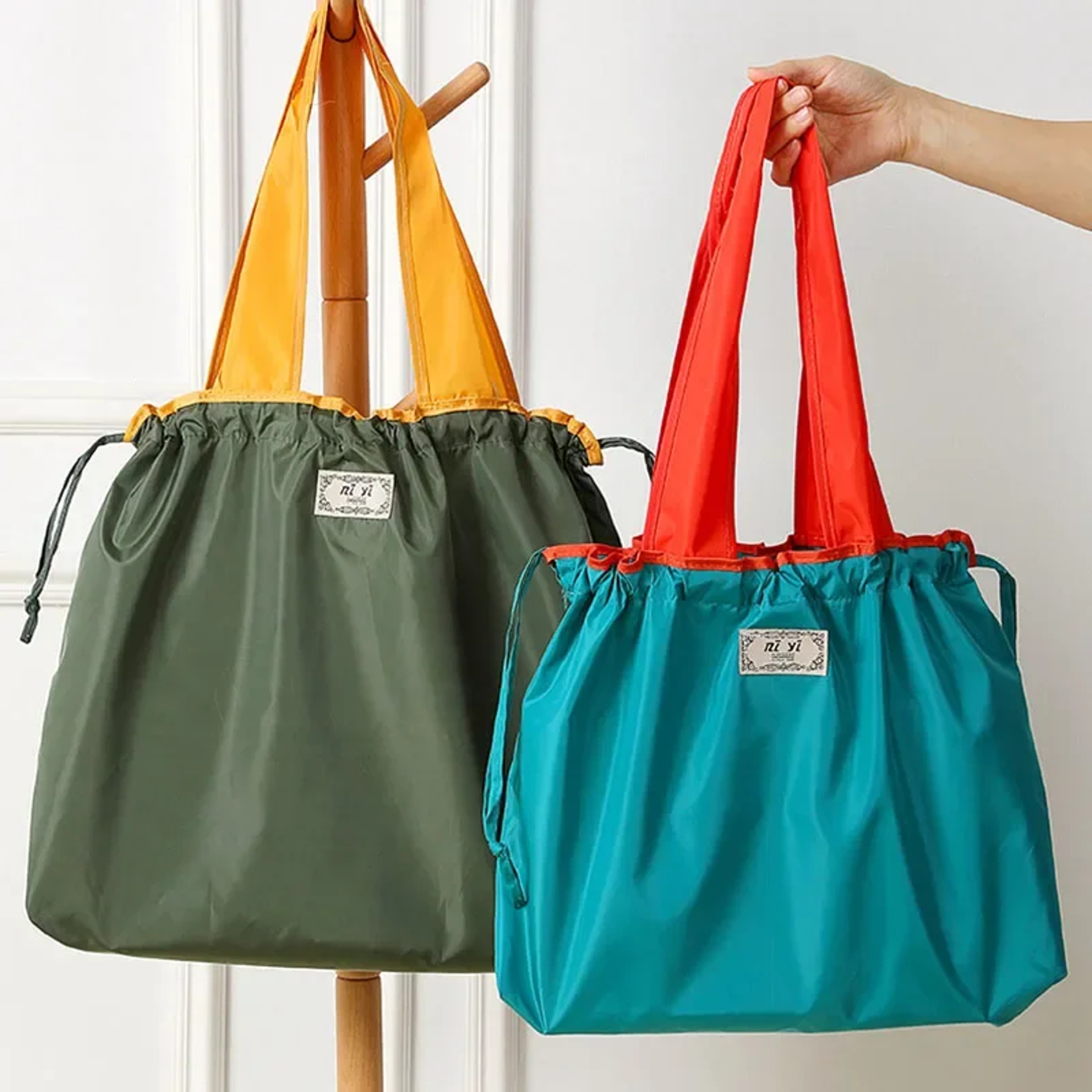 Large Capacity Foldable Shopping Bag EcoFriendly Womens Reusable Grocery Bag With Drawstring Closur 1