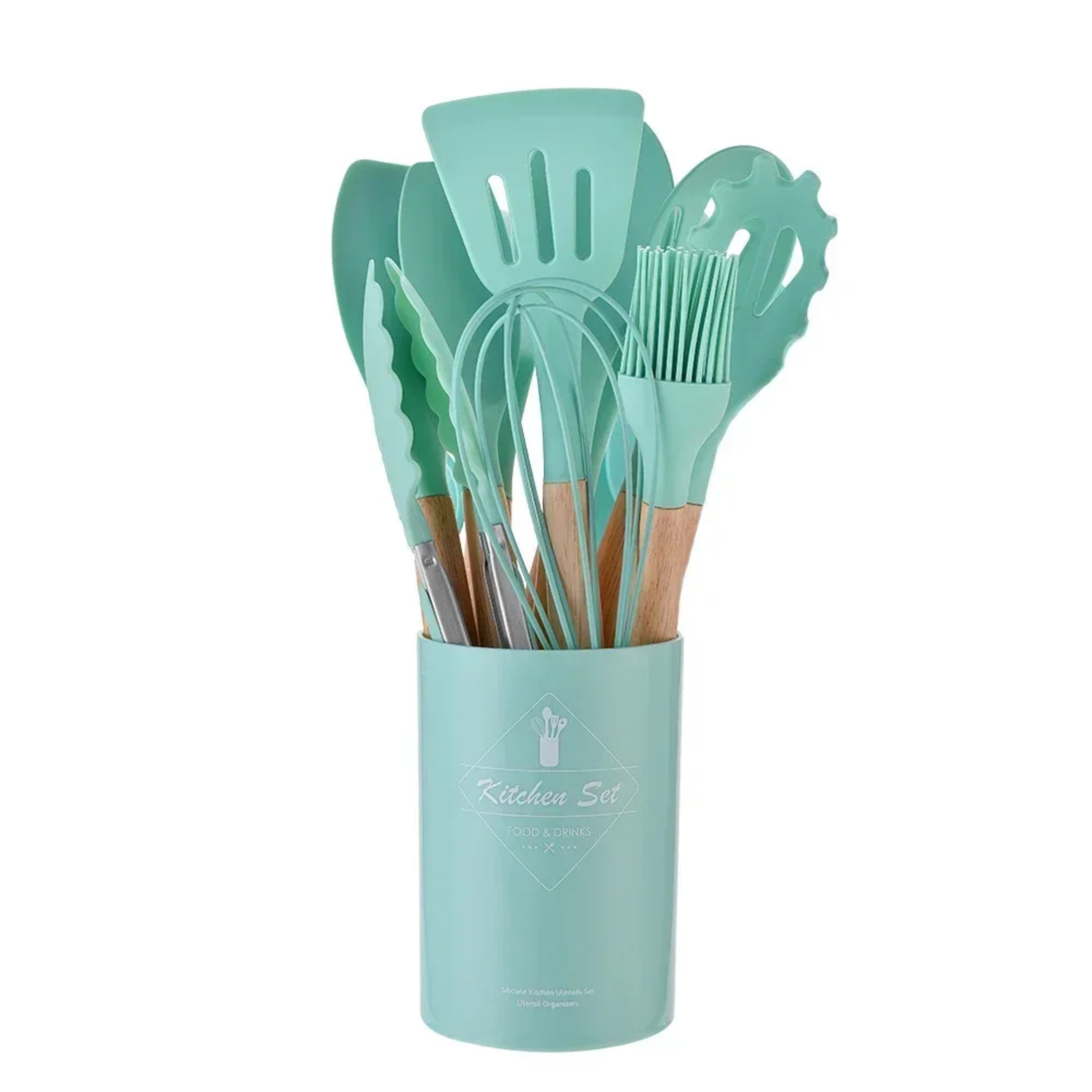 Silicone Kitchenware Non Stick Cooking Set Spatula Shovel Wooden Handle Egg Beaters Utensils 9