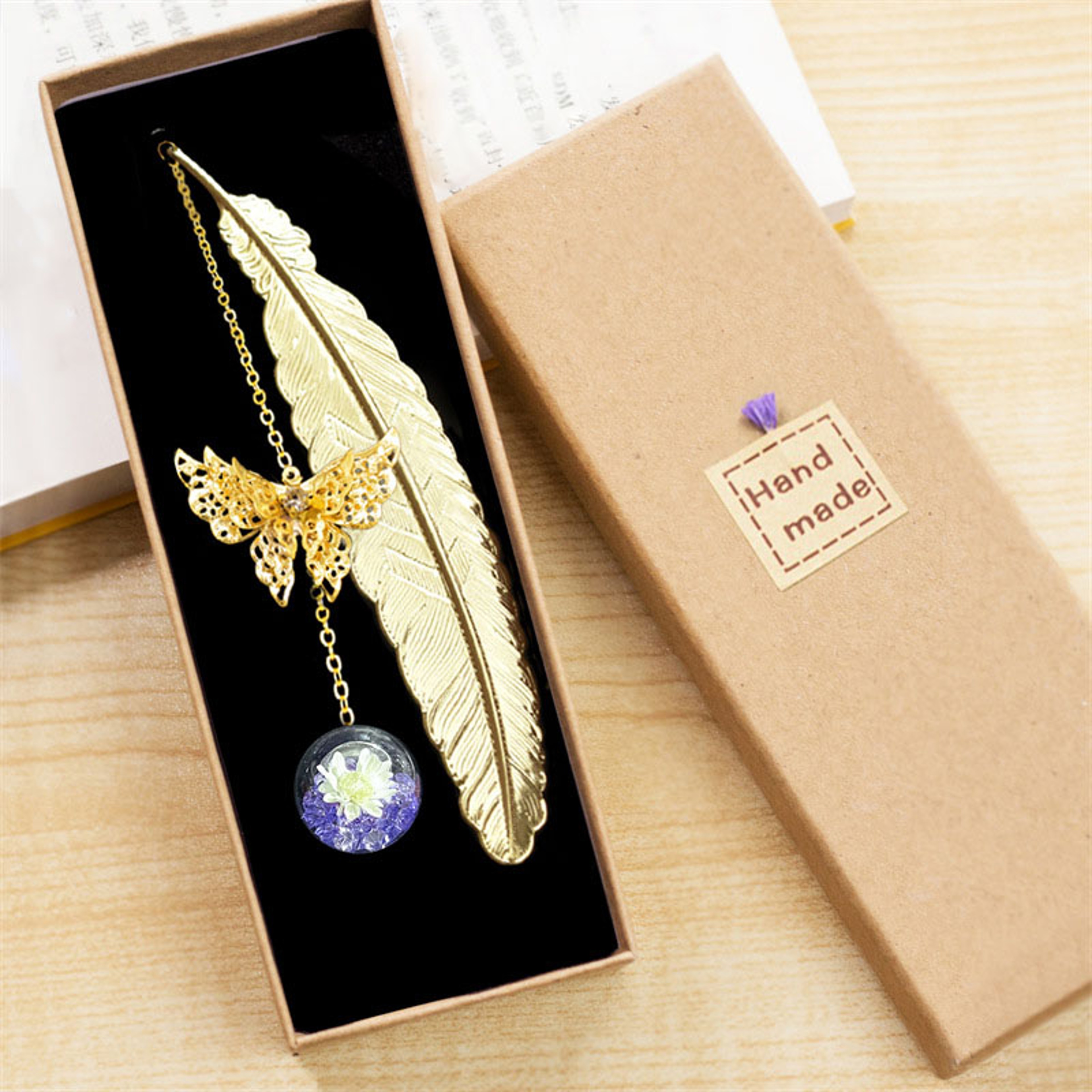Style Metal Feather Bookmark With Butterfly Leaf And Dried Flower For Teachers Day And Student Gift 6