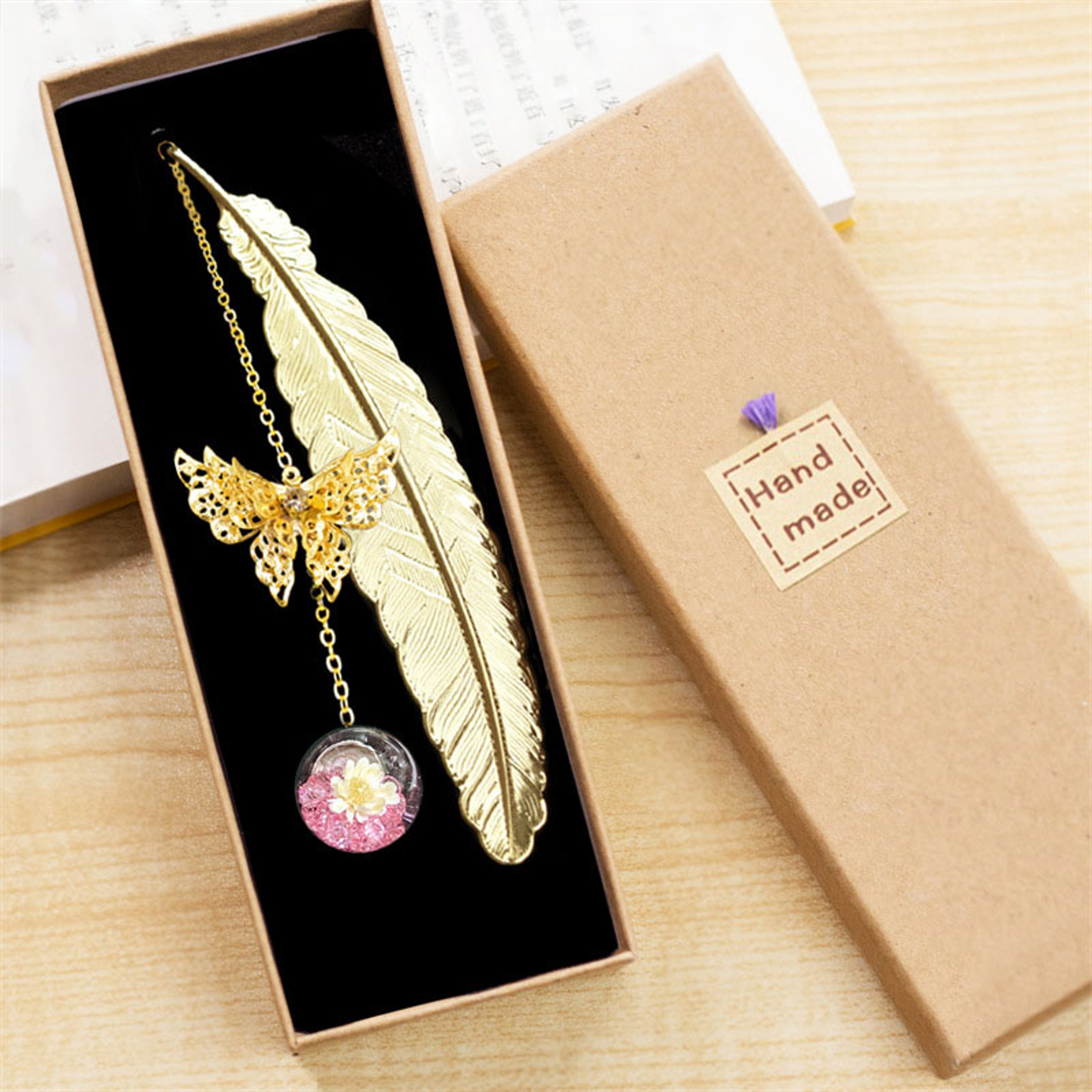 Style Metal Feather Bookmark With Butterfly Leaf And Dried Flower For Teachers Day And Student Gift 9