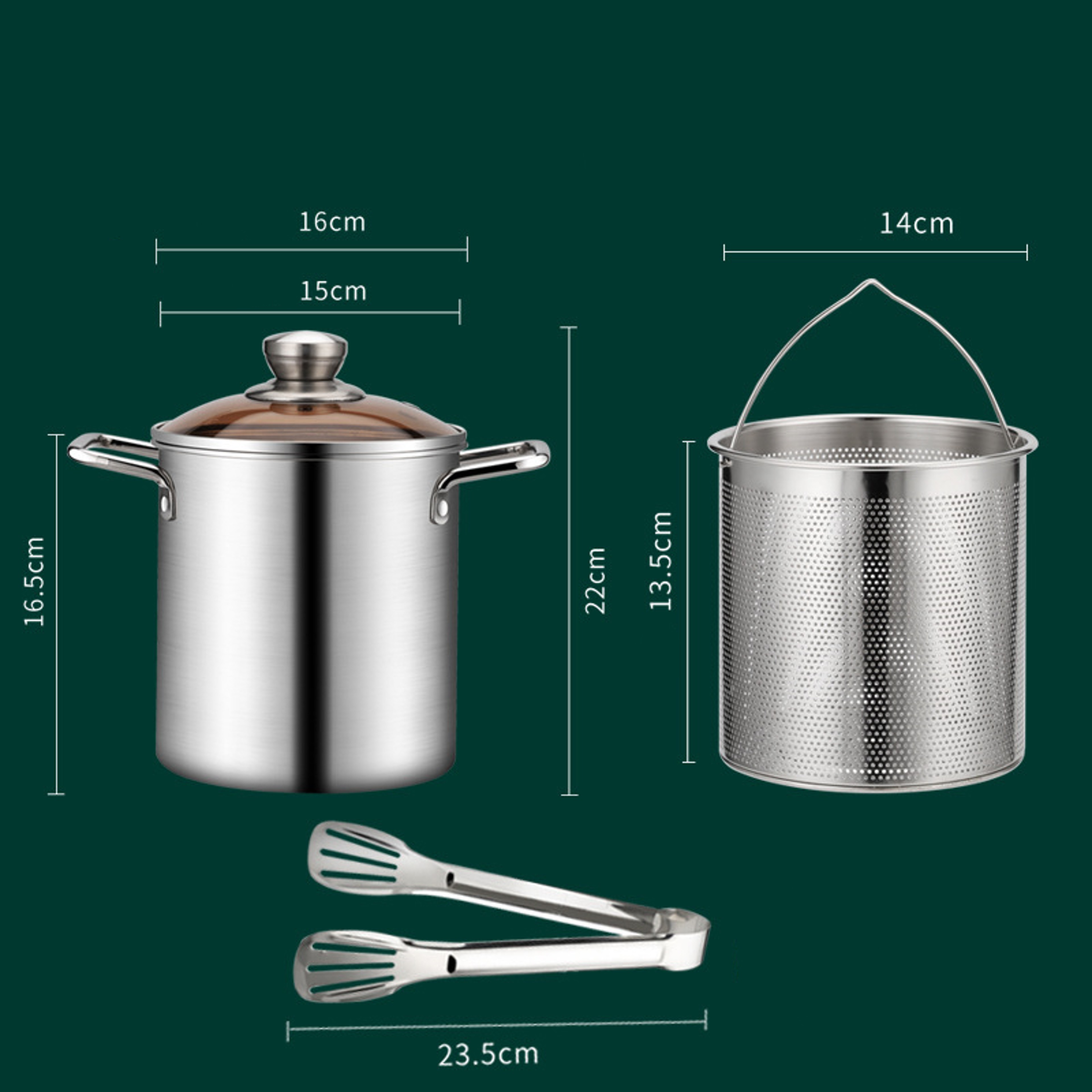 Stainless Steel Deep Fryer Pot with Mesh Steamer Basket Tempura Fryer Pot with Lid and Tong – view 3