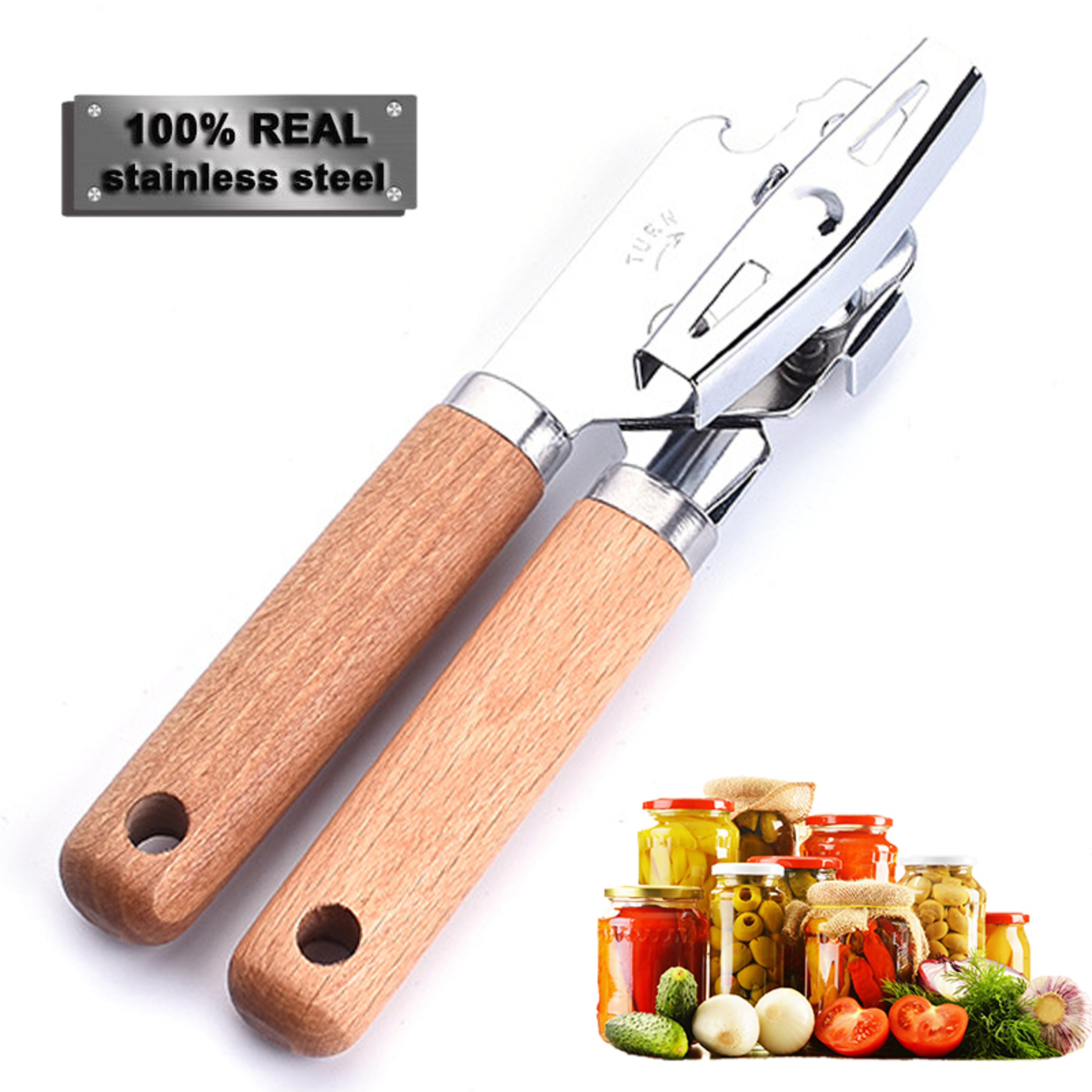 Ergonomic Stainless Steel Manual Can Opener With Wooden Handle Professional Side Cut Jar Opener Kit 0