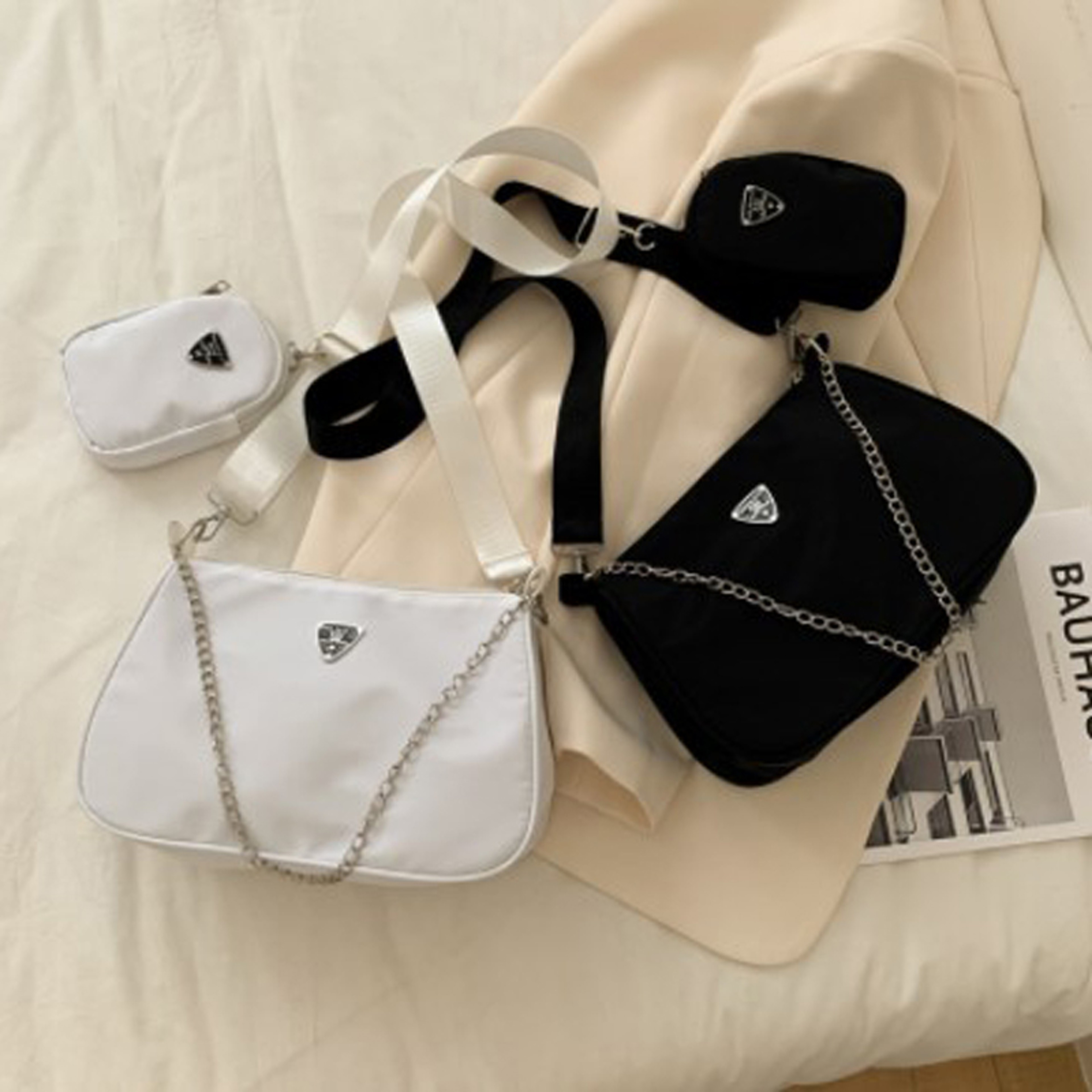 Chic Solid Color Handbags, Nylon Shoulder Bag Set, Chain Strap for Travel, Daily Use – view 1
