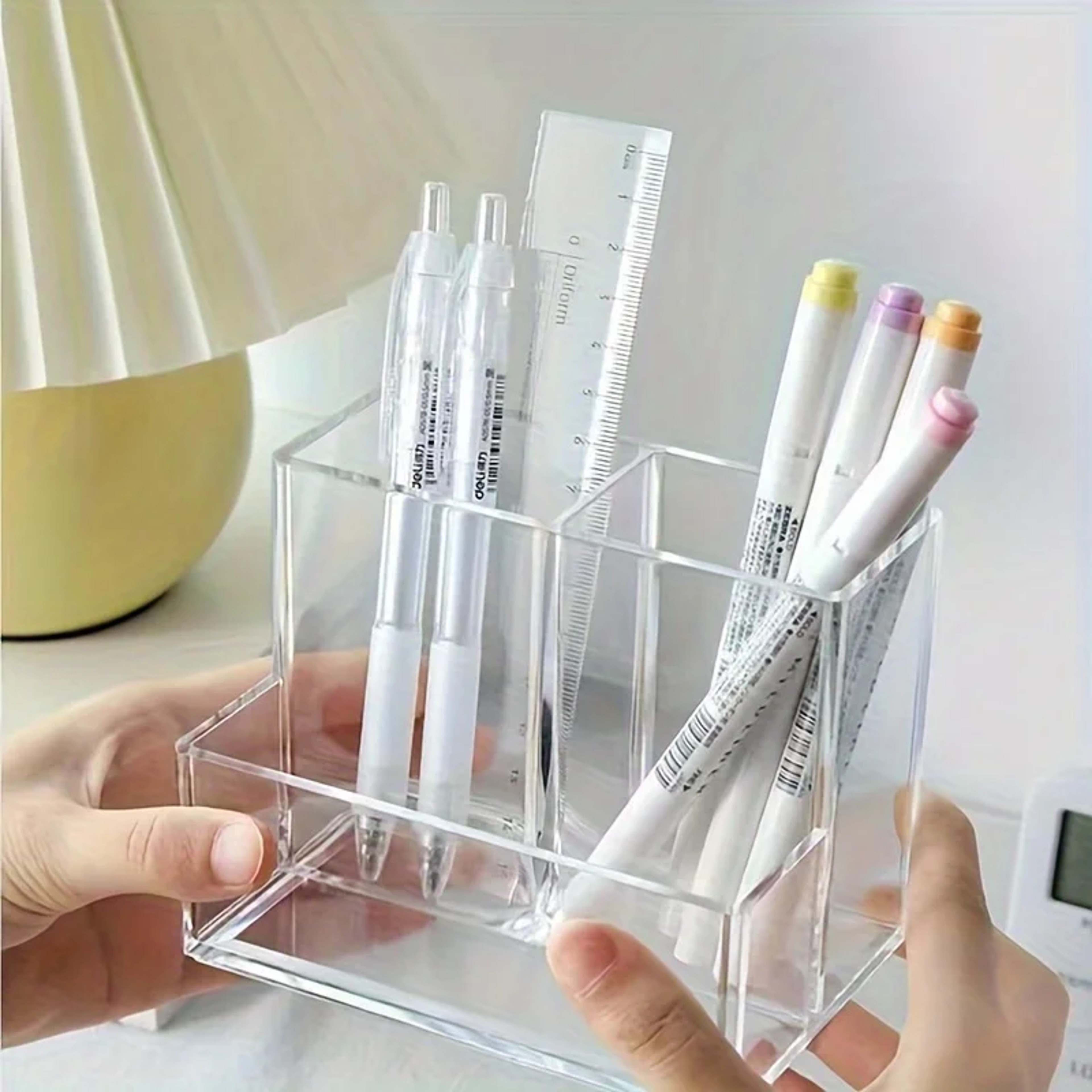 Student Desktop Storage Box With Simplified Acrylic Transparent Three Grid Pen Holder For Office De 1