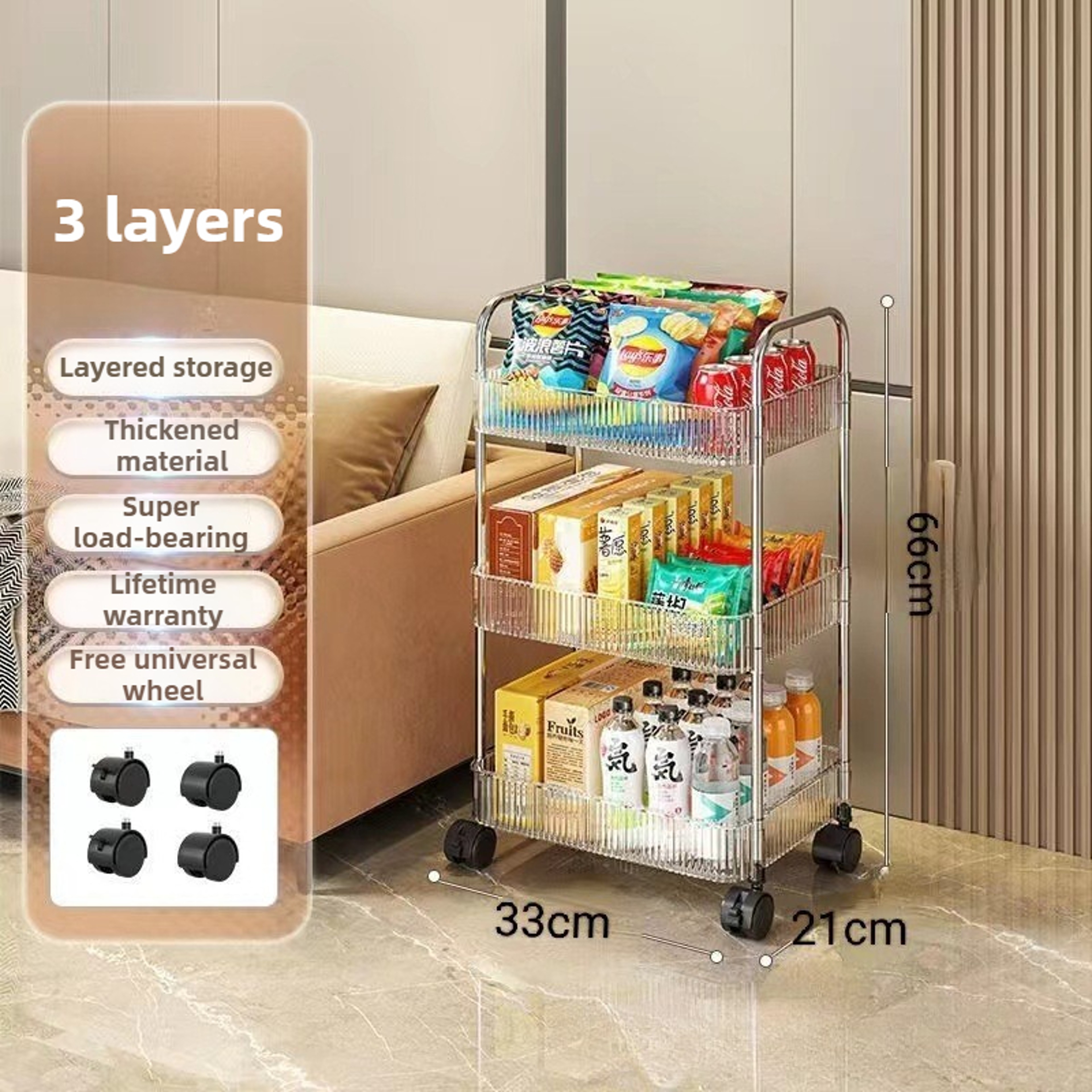 Multilayer Transparent Acrylic Storage Trolley with Wheels Mobile Shelf for Living Room, Bathroom & Snacks – view 7