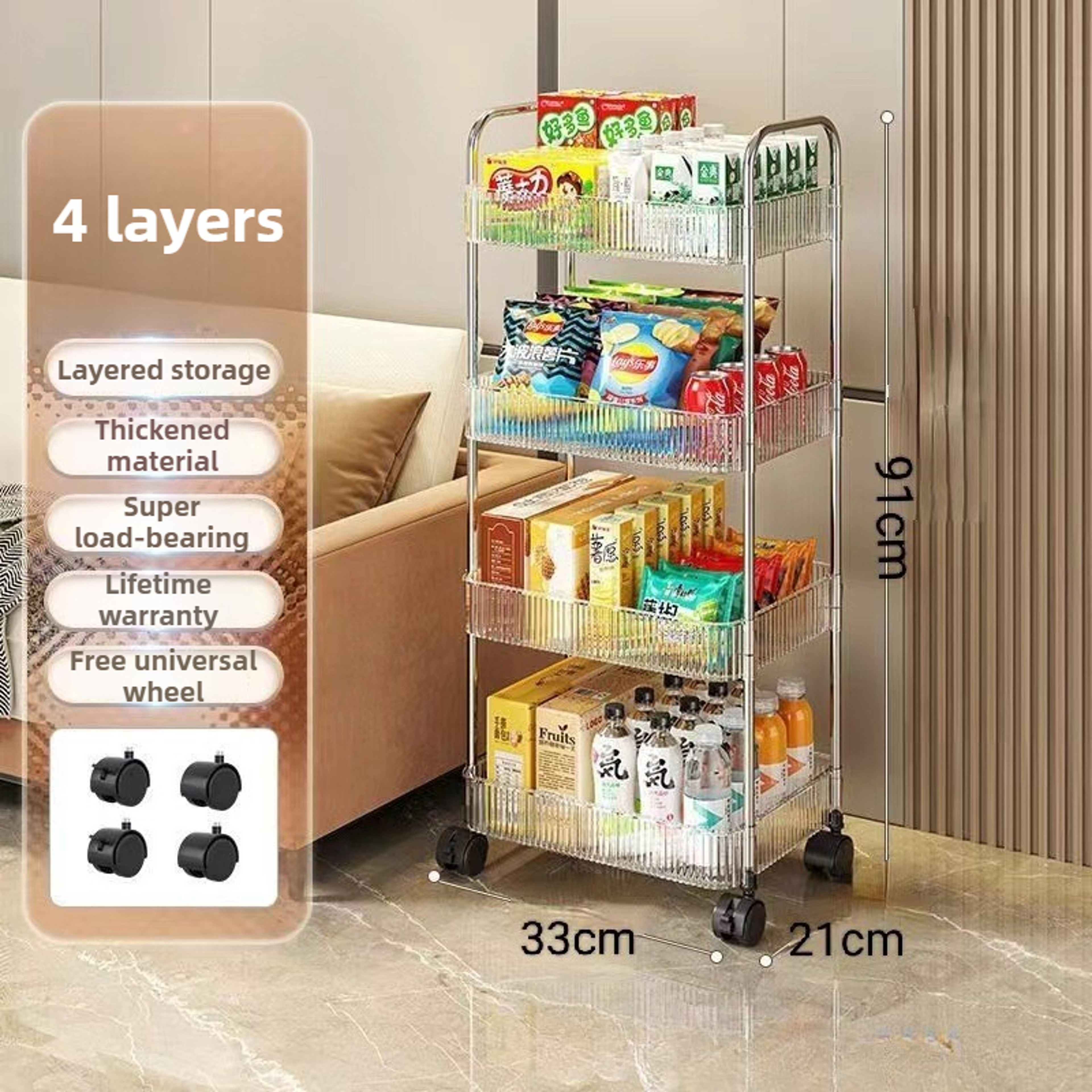 Multilayer Transparent Acrylic Storage Trolley with Wheels Mobile Shelf for Living Room, Bathroom & Snacks – view 8
