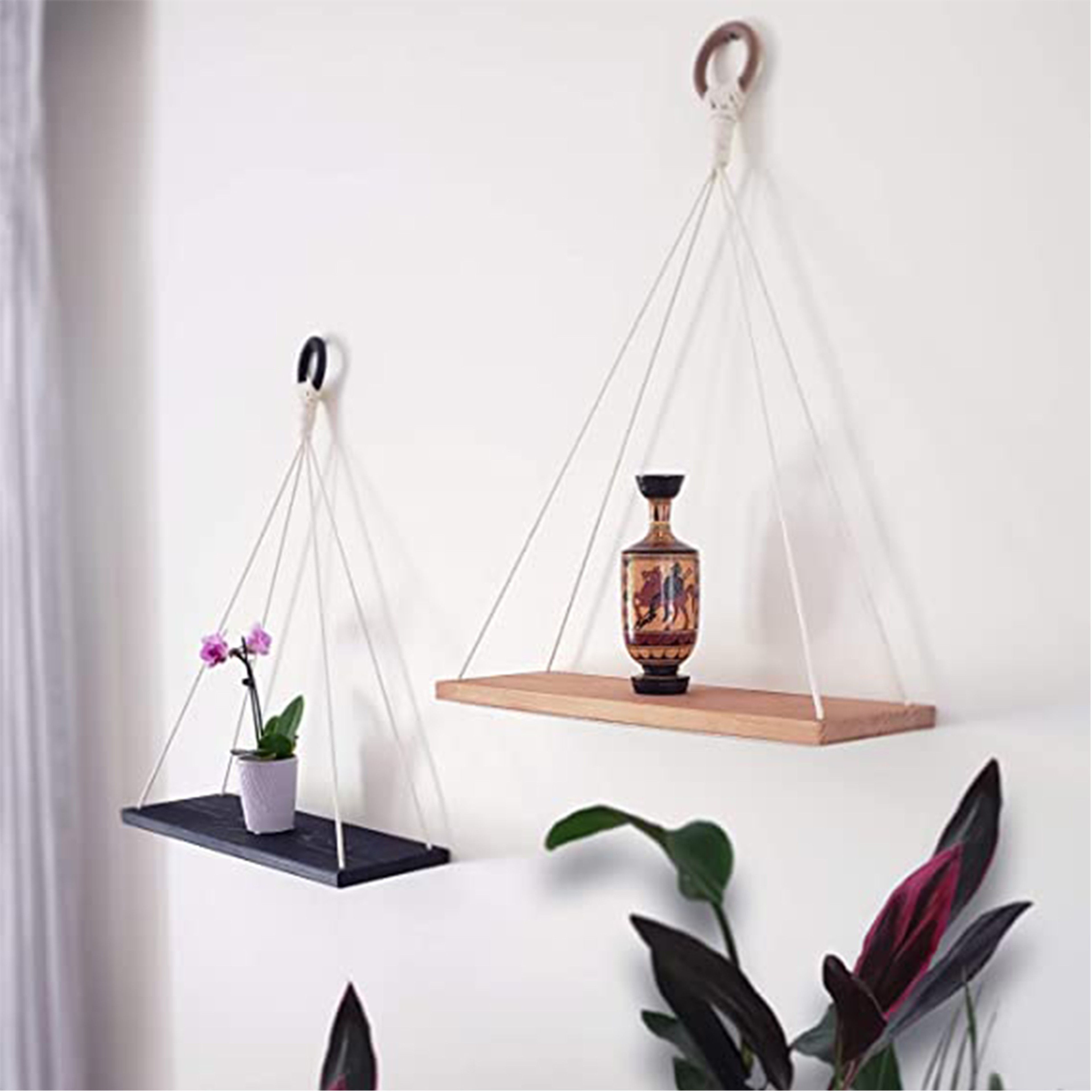 Macrame Hanging Wall Shelf for Plants & Books Boho Floating Shelf with Rope – view 5