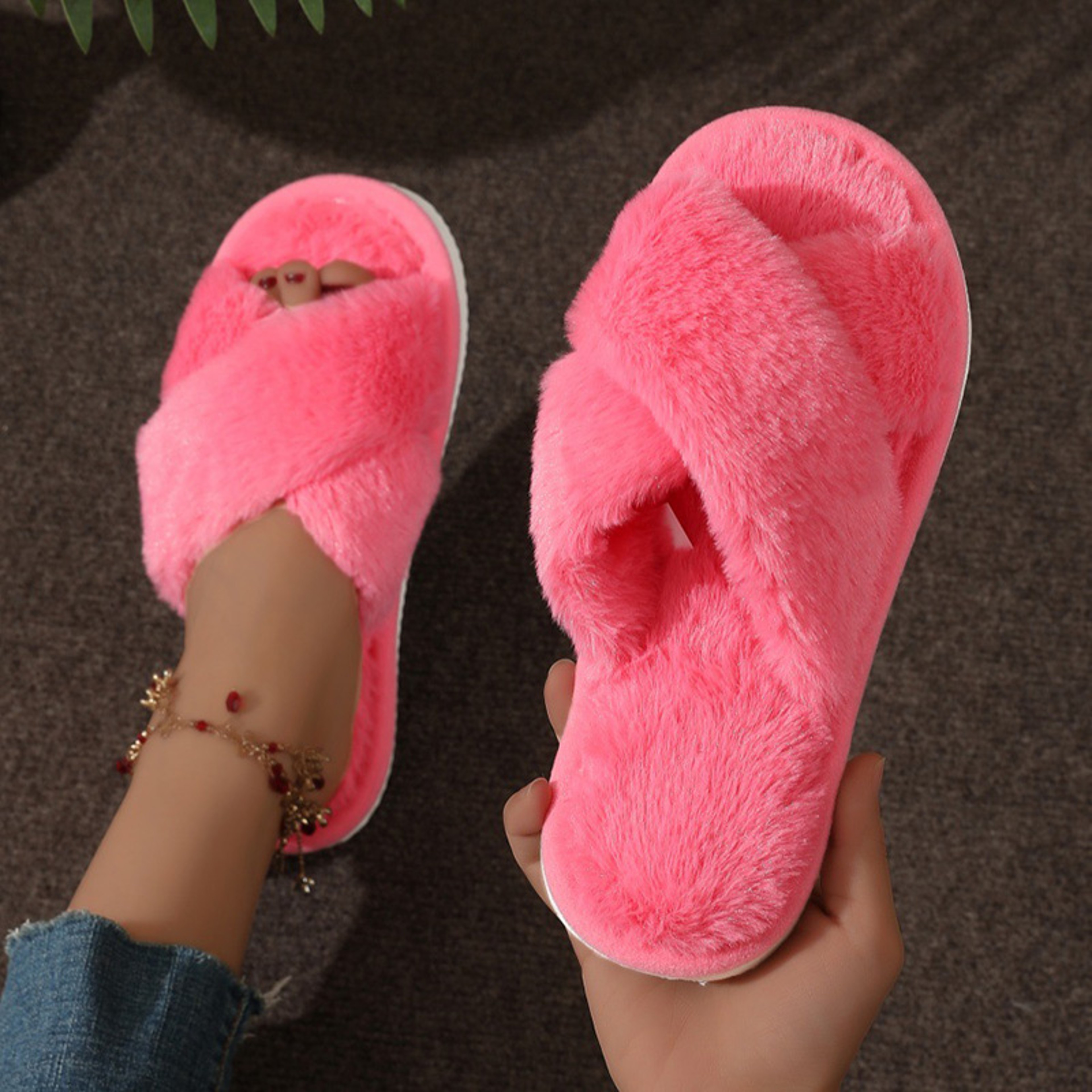 Fashionable Faux Fur Cross Strap Slippers For Women Plush Indoor Home Slides With Flat Heel 7