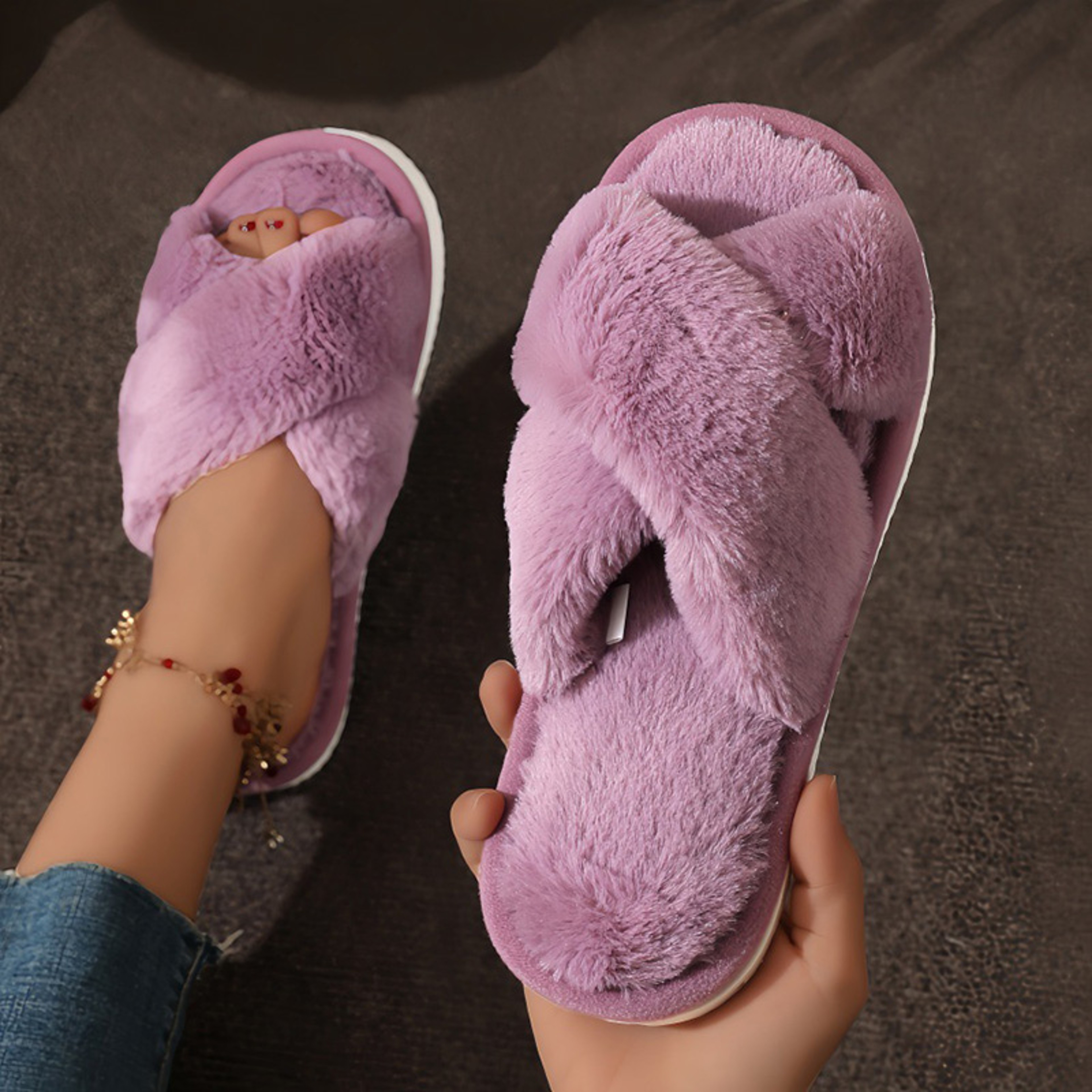 Fashionable Faux Fur Cross Strap Slippers For Women Plush Indoor Home Slides With Flat Heel 8