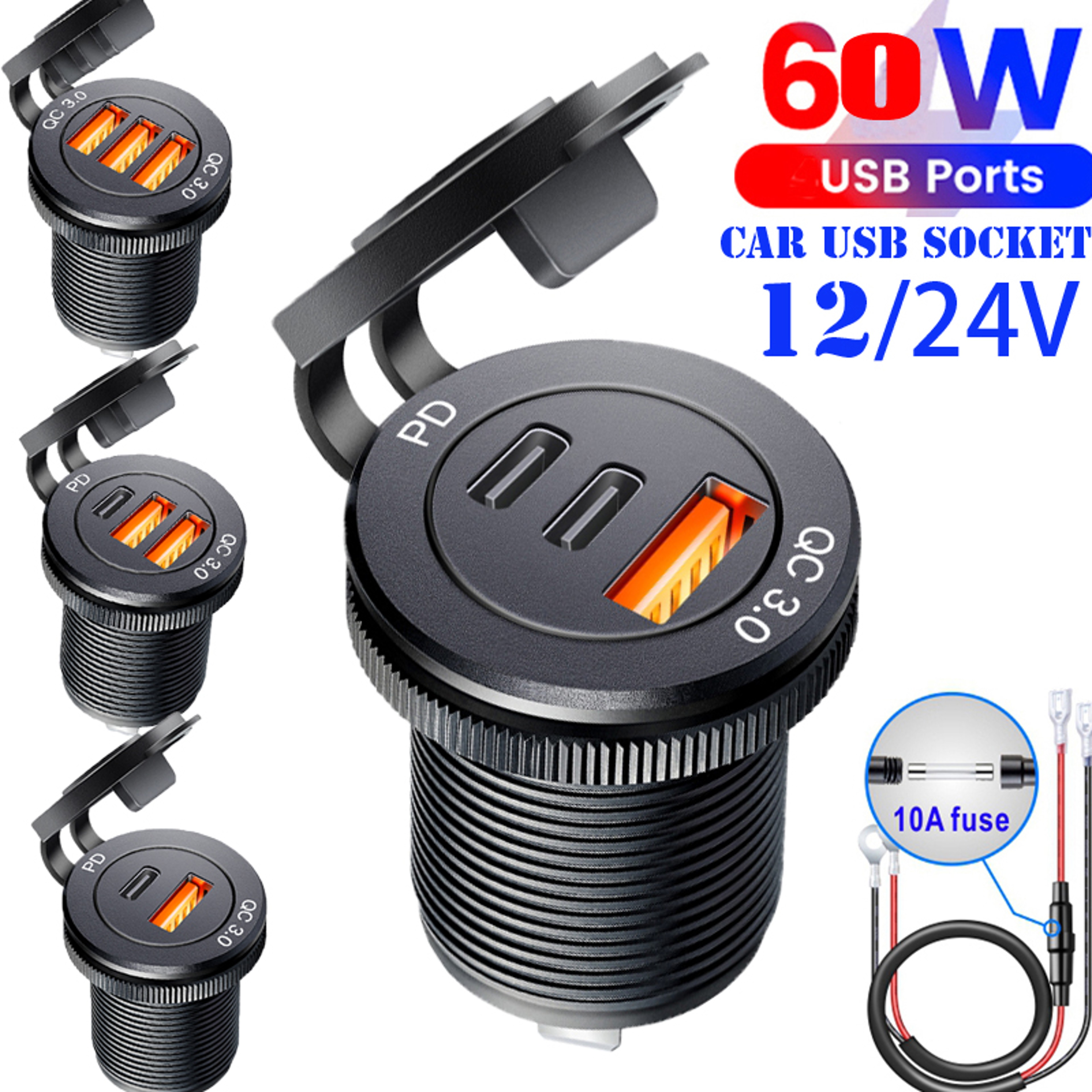 USB Socket In Car Quick Charge PD Car Charger Outlet Socket 0