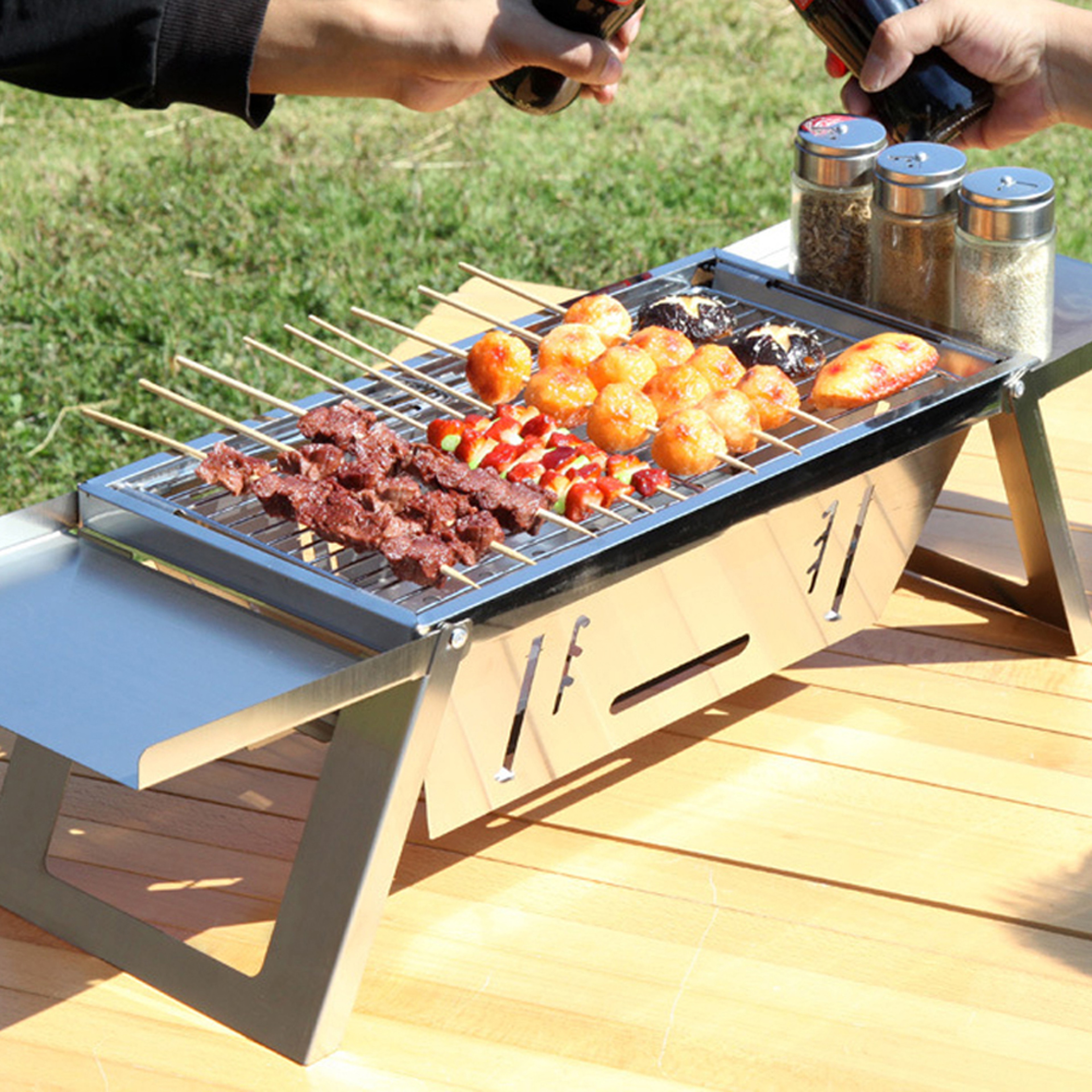 Portable Camping BBQ Grill With Adjustable Height Folding Stainless Steel Charcoal Stove  Carry Bag 0