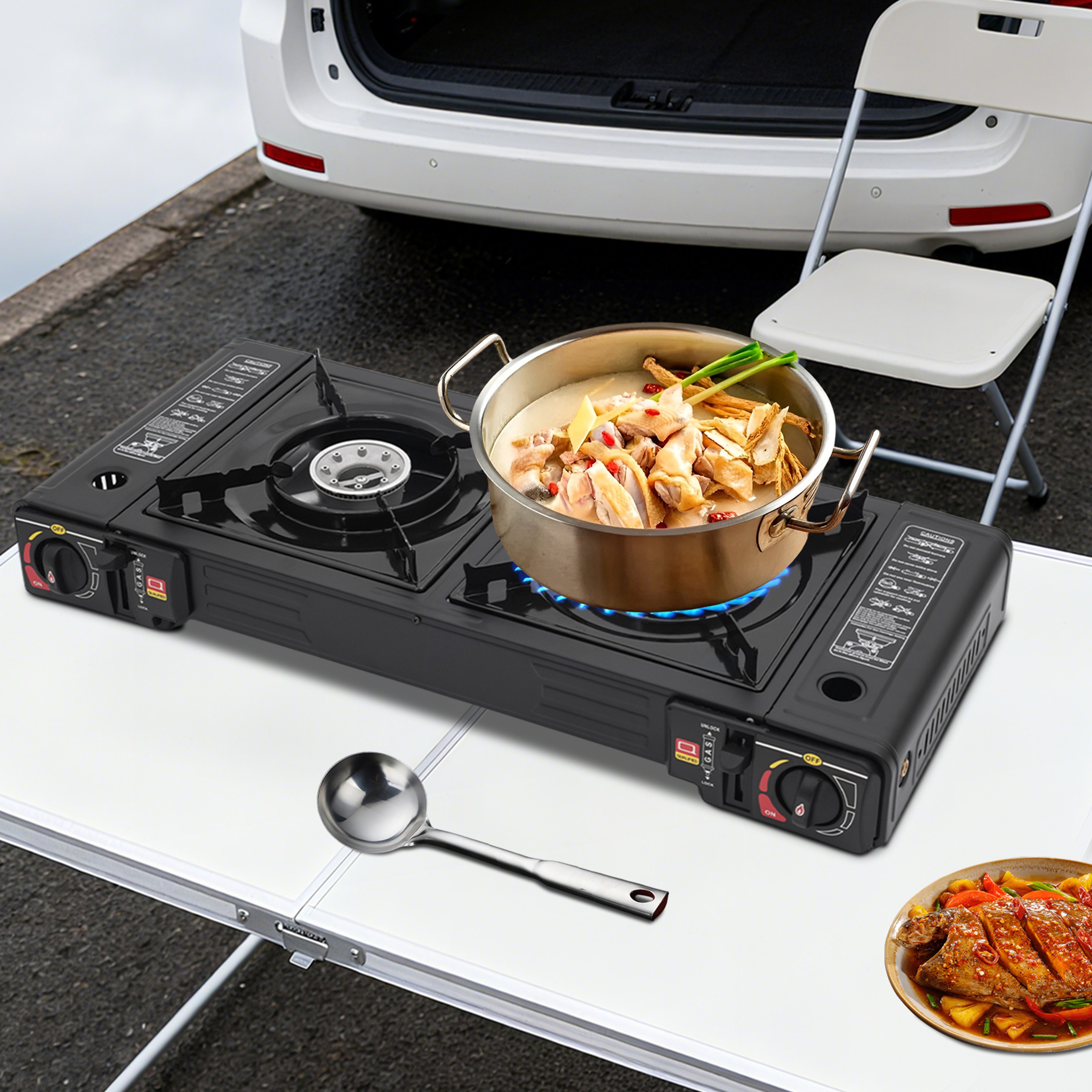 Portable Burner Camping Stove With Auto Ignition  Baking Tray Ideal For RVs Picnics And BBQs 3