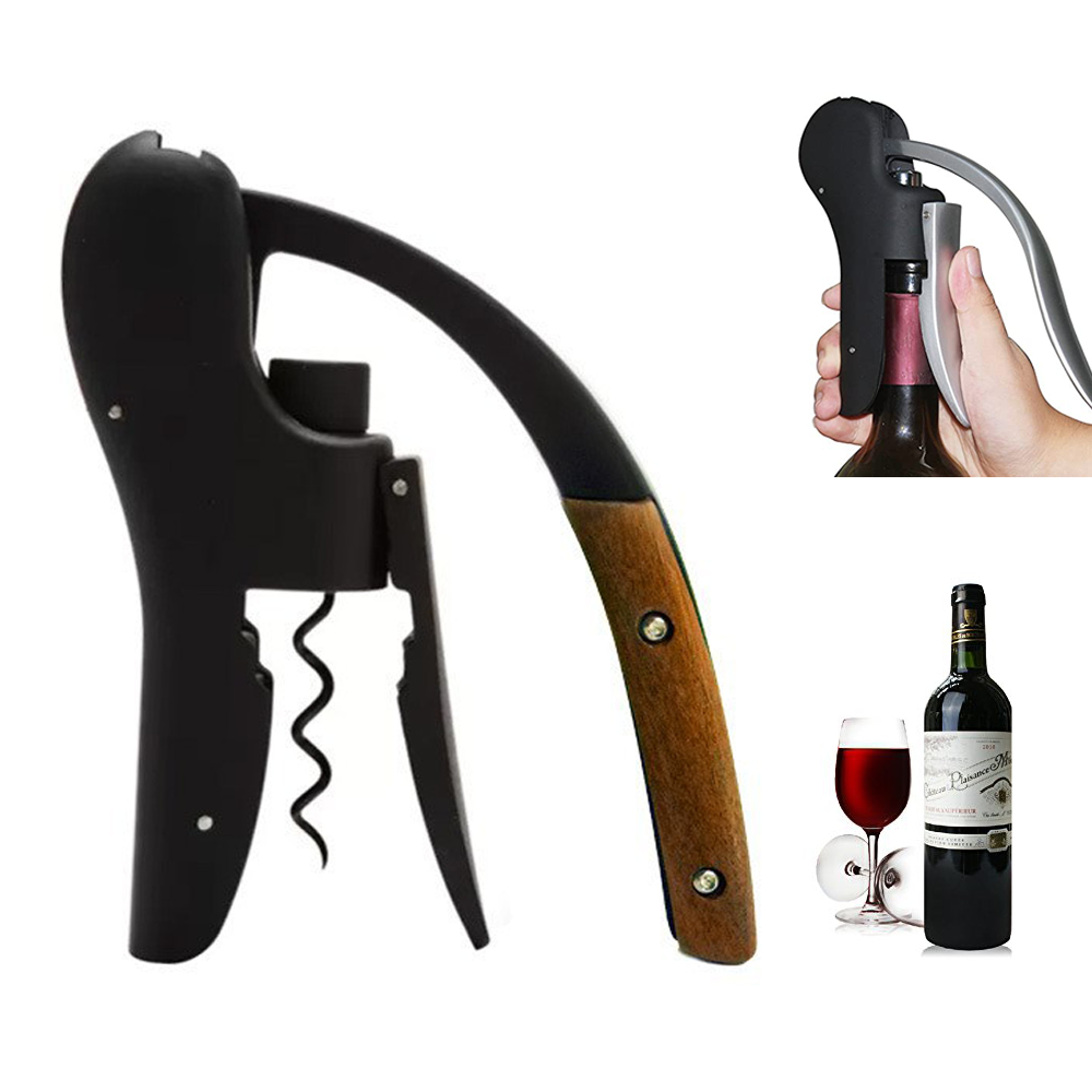 Premium Manual Wine Opener Corkscrew With Wooden Handle  Foil Cutter 0