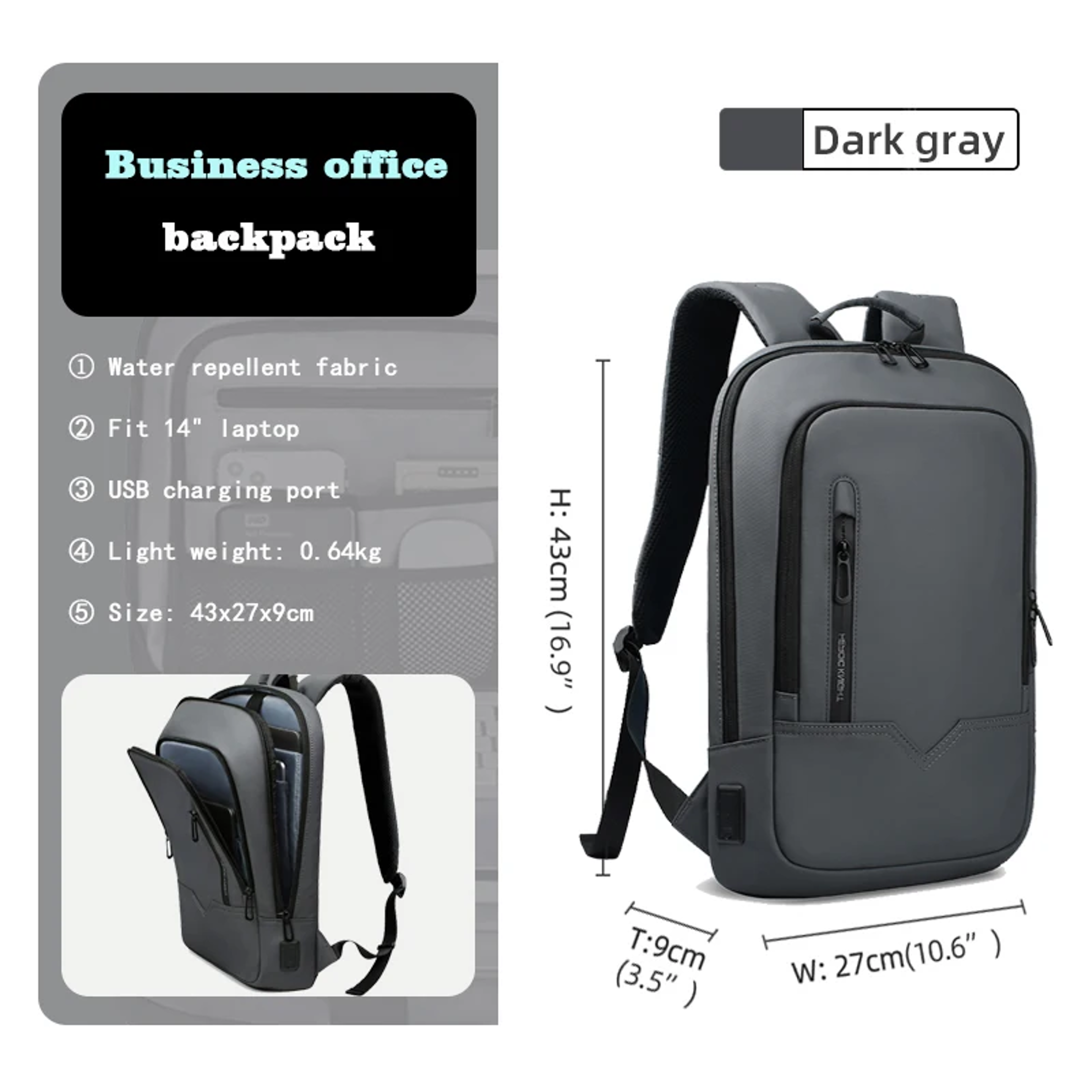 Slim Business Laptop Backpack For Men Waterproof USB Charging Travel  Work Bag 6