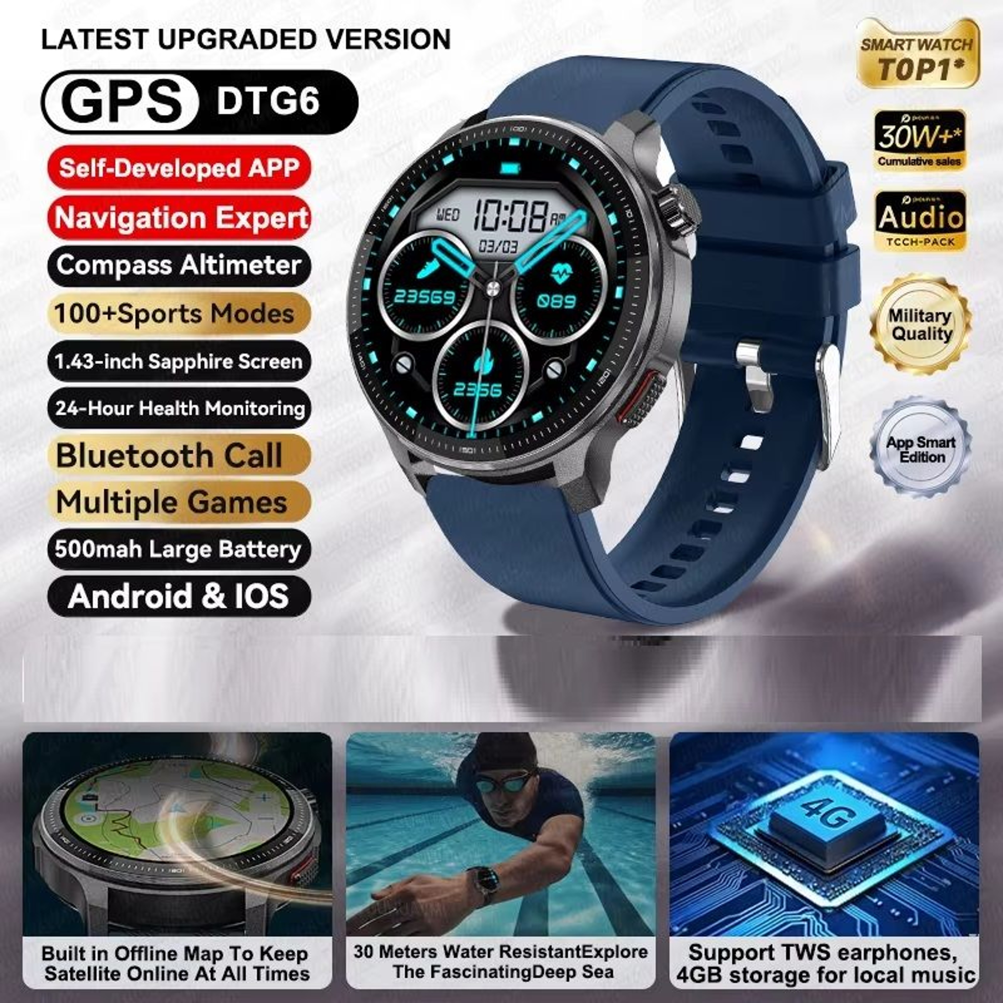 Smart Watch With Offline Maps GPS Music Player  10ATM Waterproof Fitness Tracker 0