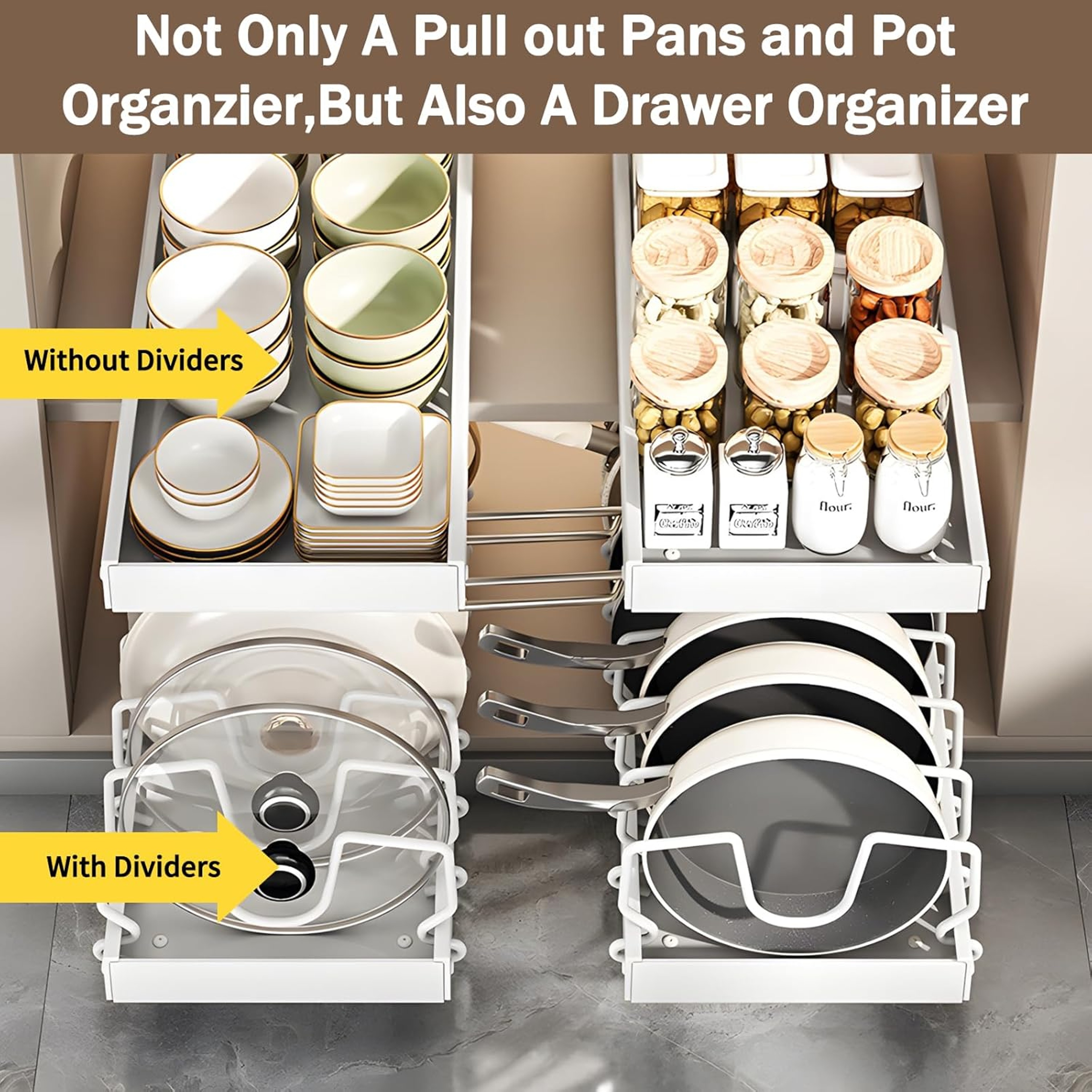 Pull Out Cabinet Organizer For Pots And Pans With Adjustable Dividers 4