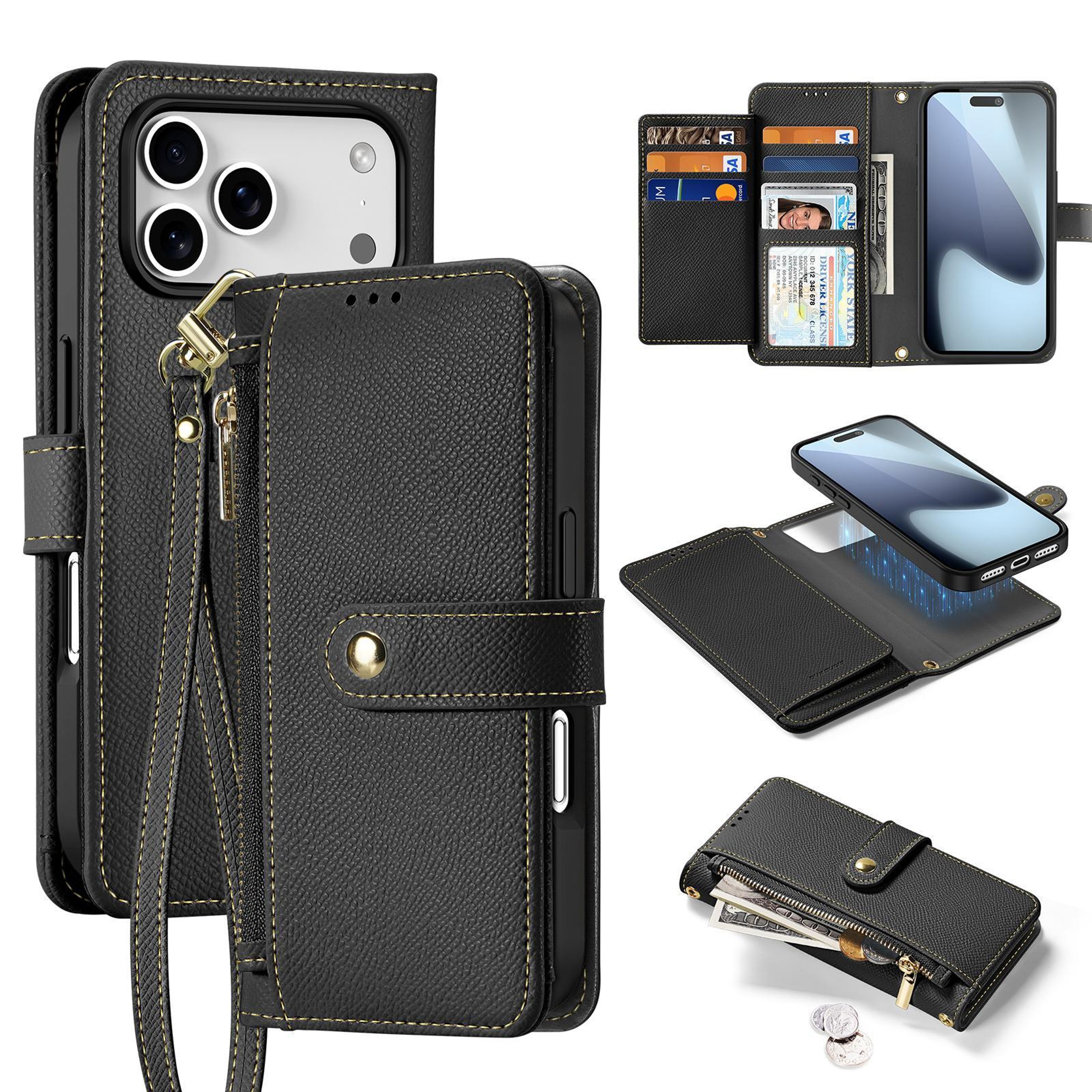 For IPhone Lawa Series 2 In 1 Wallet Zipper Detachable MagSafe Phone Case With Lanyard 0